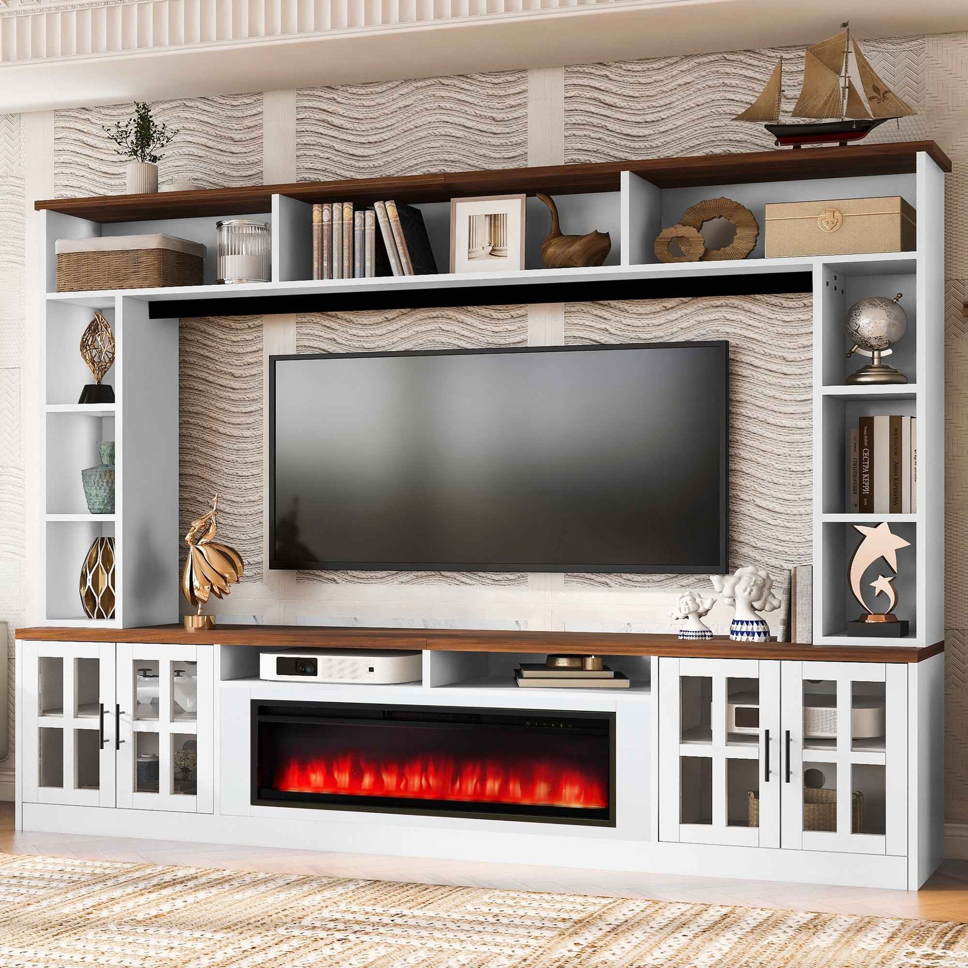 U-Can 95.5' W Wall Unit Entertainment Center with Bookshelves for TVs up to 80', Modern TV Stand Media Console with electric fireplace  Cabinets,  and Adjustable Shelves for Living Room