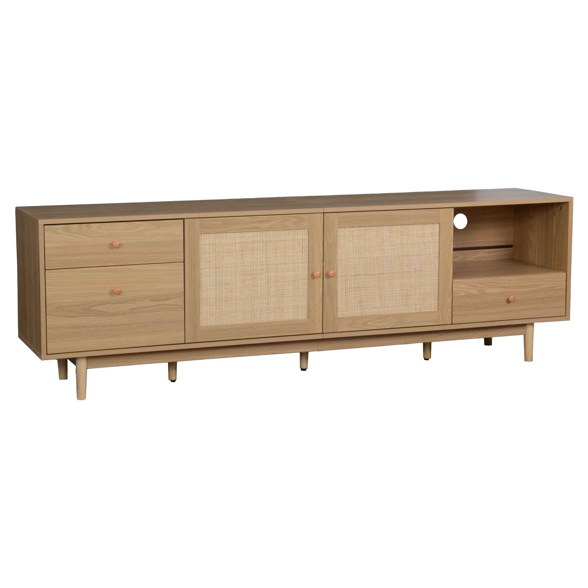 Boho TV Stand for 65 75 85 Inch TV with Real Rattan Doors, Modern Wood Media Console in Natural Finish, 76.6'' L x 15.7'' W x 23.6'' H