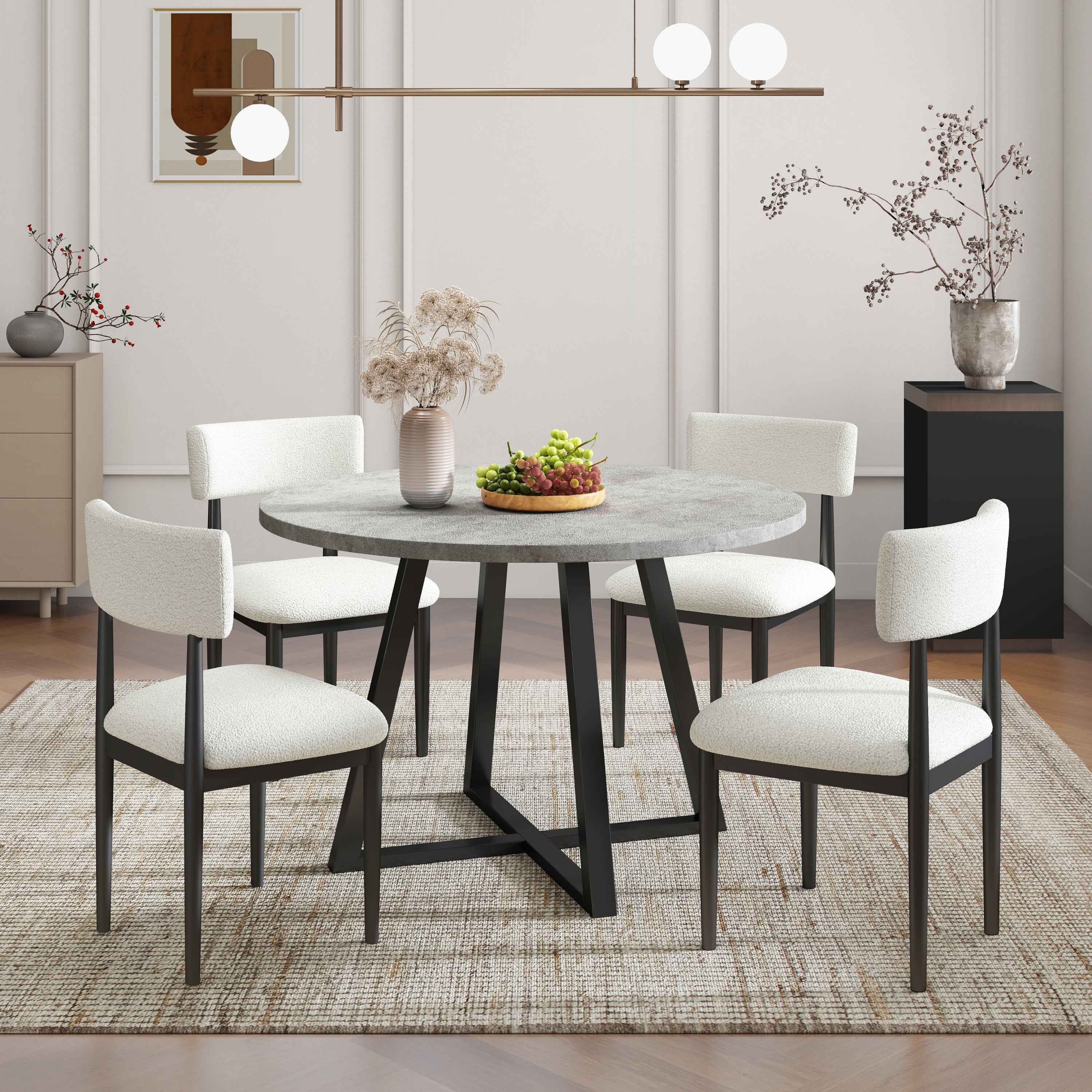 Edo 5-Piece Dining Set, Round Trestle Table and 4 Upholstered Chairs, Gray and Black