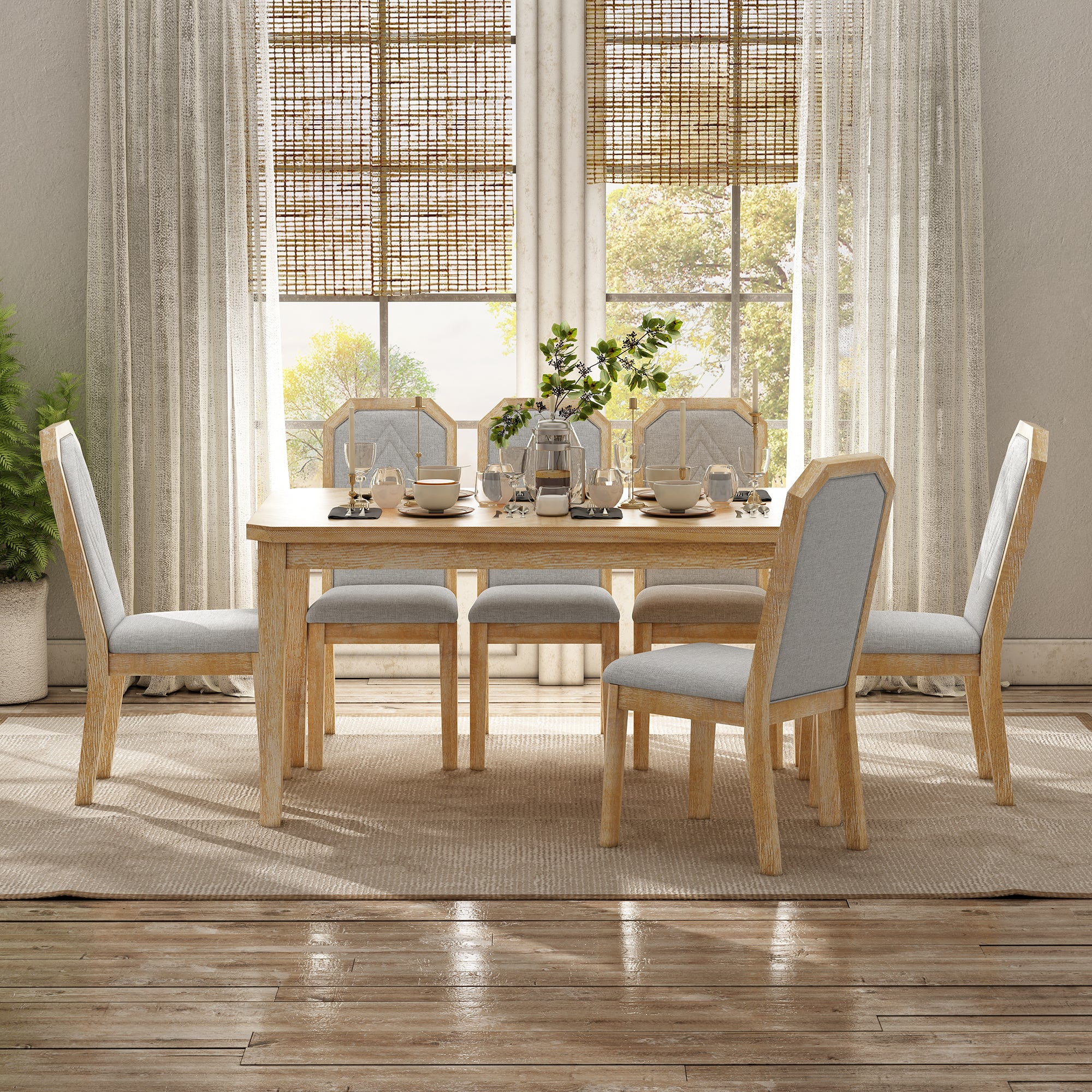 TREXM 7-Piece Farmhouse Dining Set Classic Rustic Table and 6 high-back design Chairs for Dining Room, Kitchen (Natural Wood Wash)