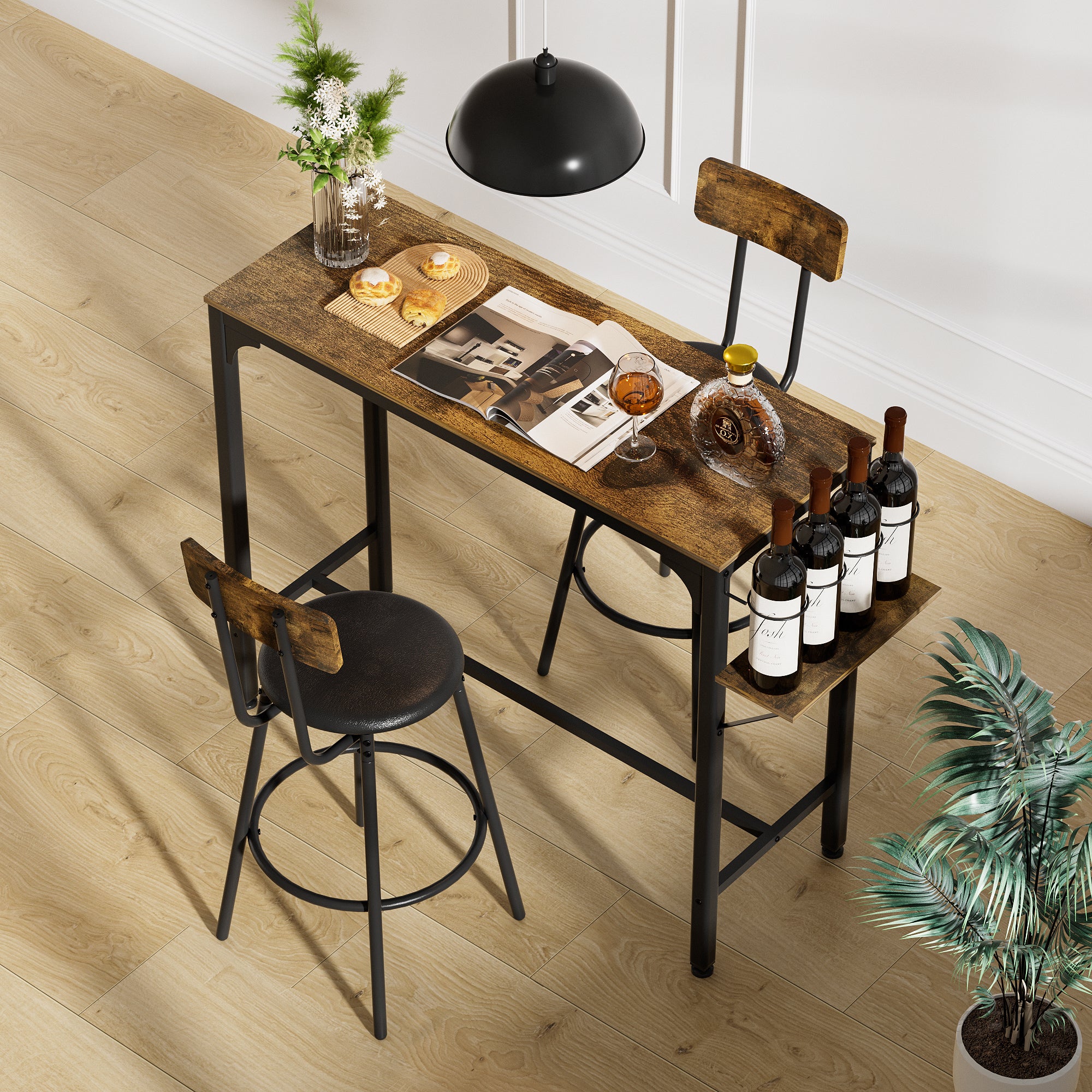 Wood Top Metal Base side table  Industrial Bar Table with two chair--Adjustable table base Bistro Whiskey Pub Table,47.44"W x 15.75"D x 35.43"H