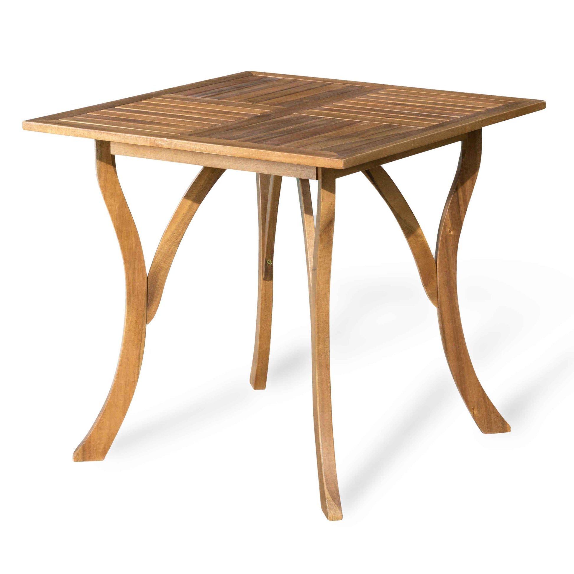 Outdoor Square Table with Curved Legs and Perpendicular Wooden Slats Table Top, Teak