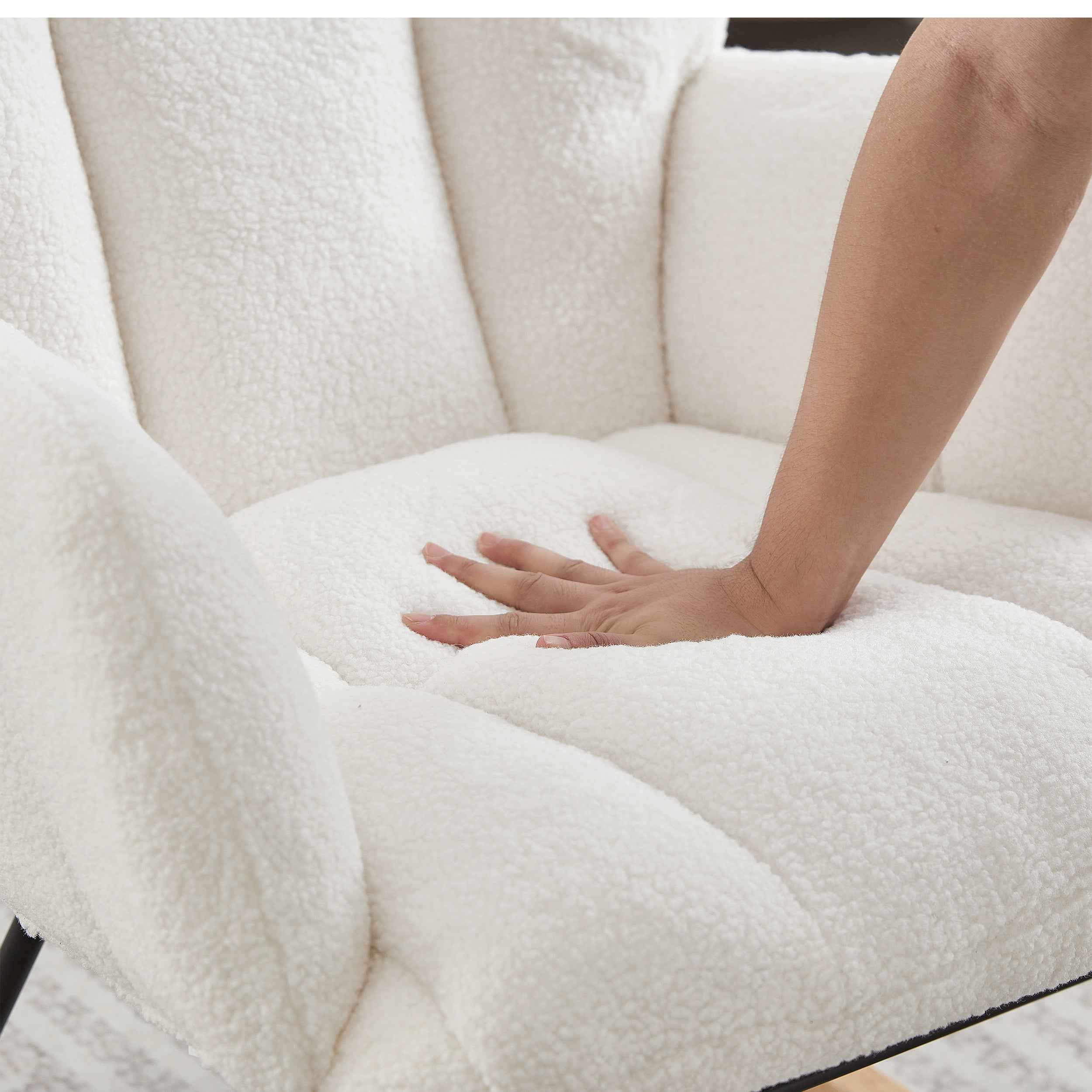 Glider Chair for Living Room Tufted Upholstered Teddy Fabric Rocking Chair with Metal Frame Accent Chair Ivory White