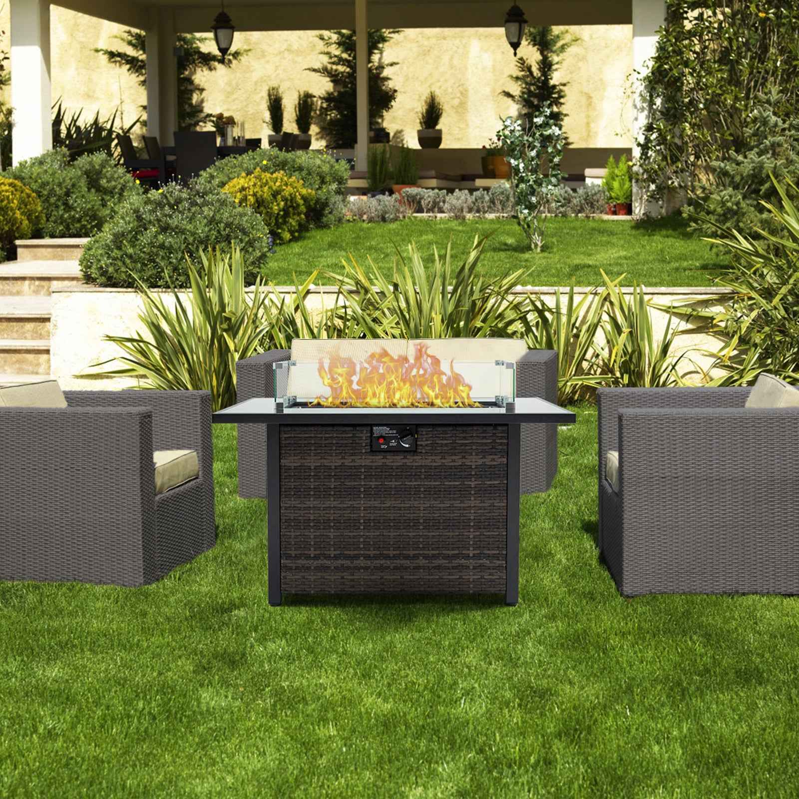 Outdoor Fire Pit 50,000 BTU Propane Gas Fire Table with Lid Fireplace with Glass Wind Guard Wicker Base for Garden, Patio, Backyard, 44'