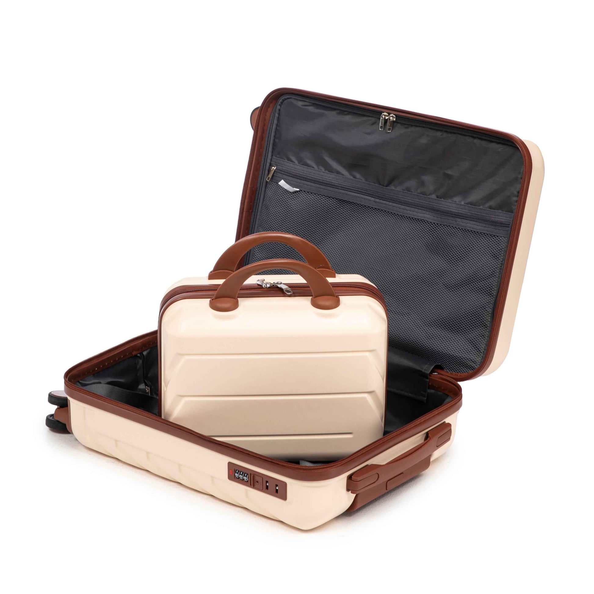 14'/20' 2 pcs/set in ABS Spinner Wheel Luggage, with Combination Lock,14' Cosmetic Case (Beige)