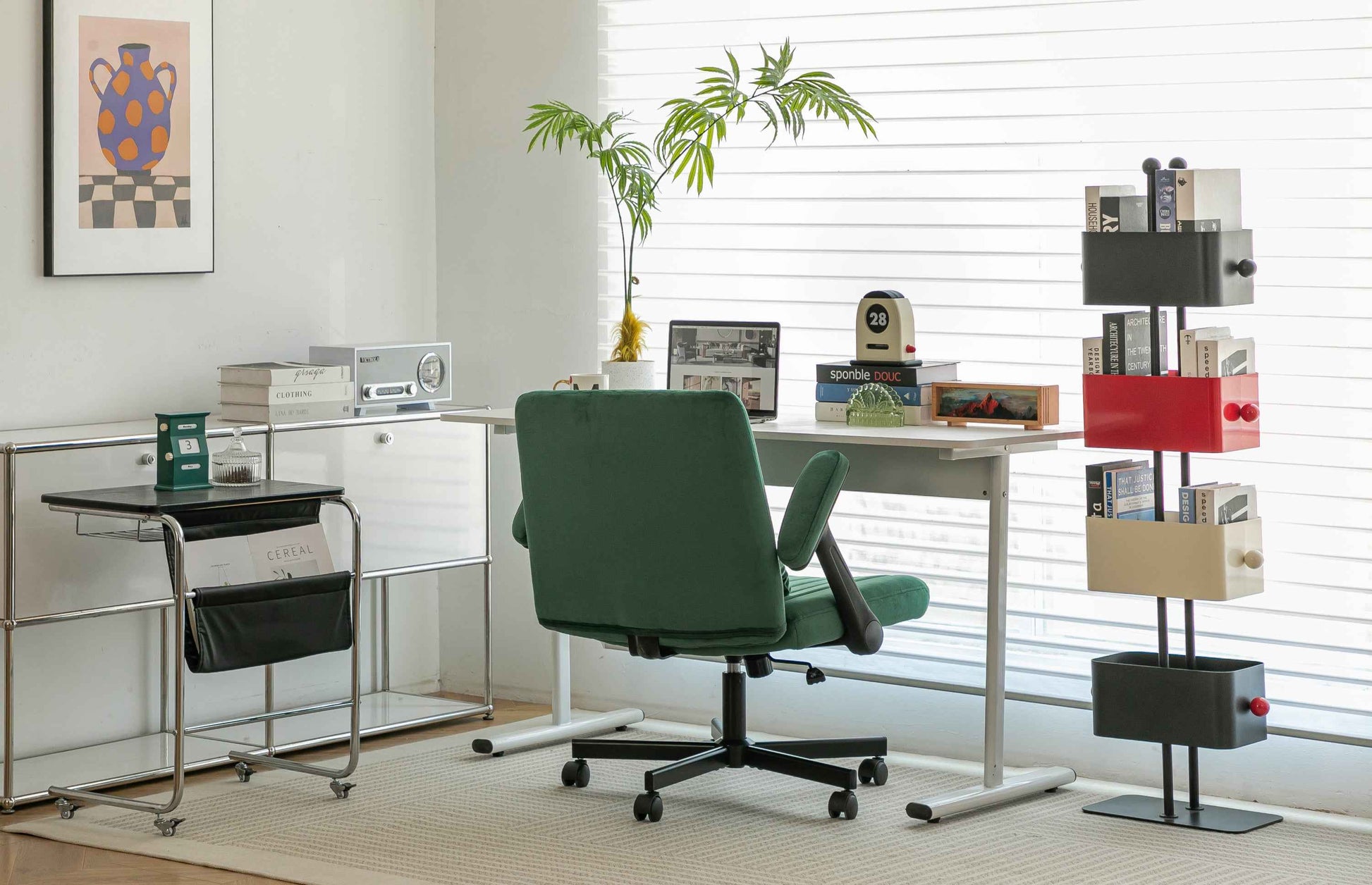 Green Velvet Criss Cross Armrest Office Chair with Wheels - Modern for Home Office, Meditation & Creative Work
