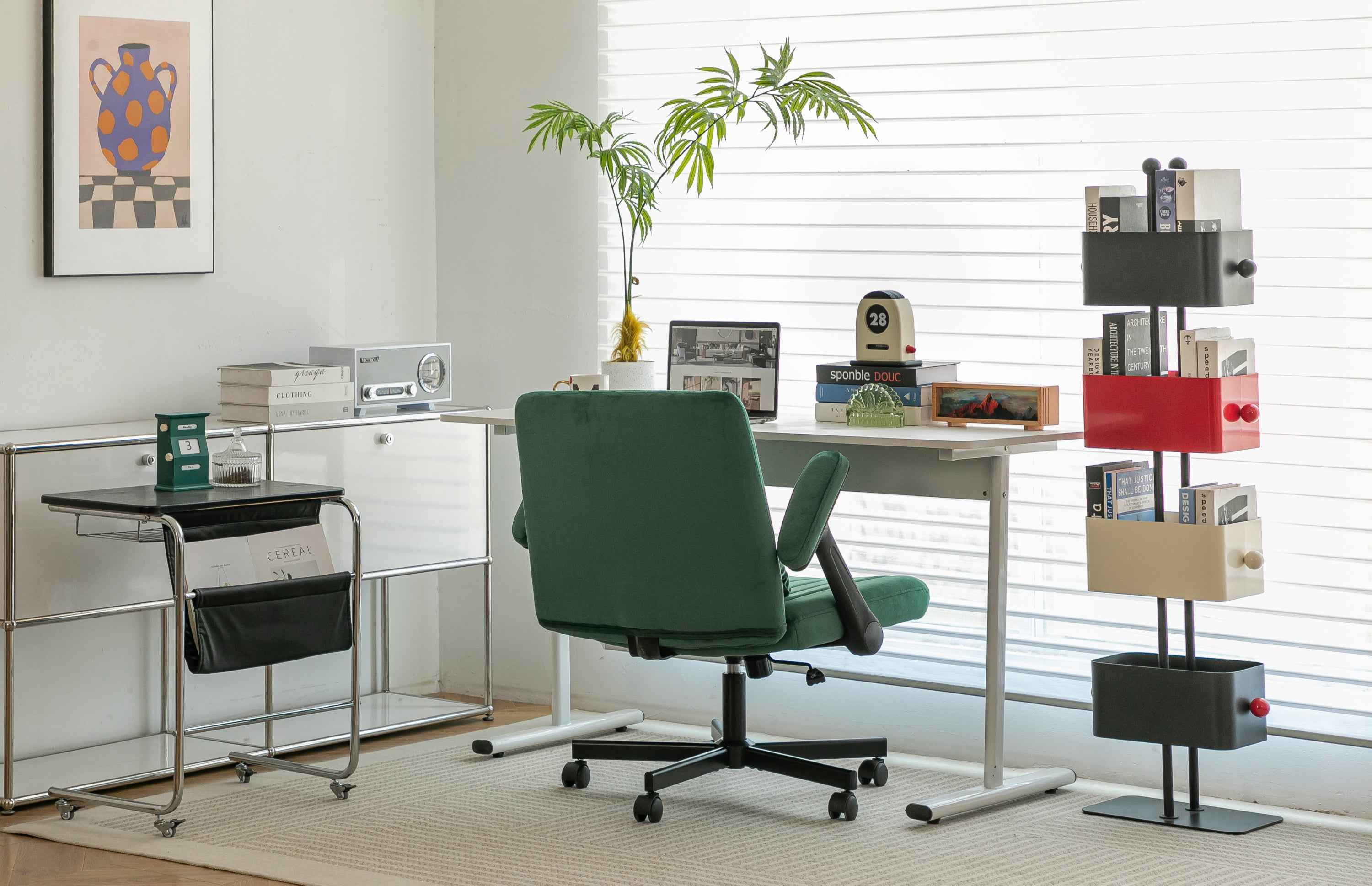 Green Velvet Criss Cross Armrest Office Chair with Wheels - Modern for Home Office, Meditation & Creative Work
