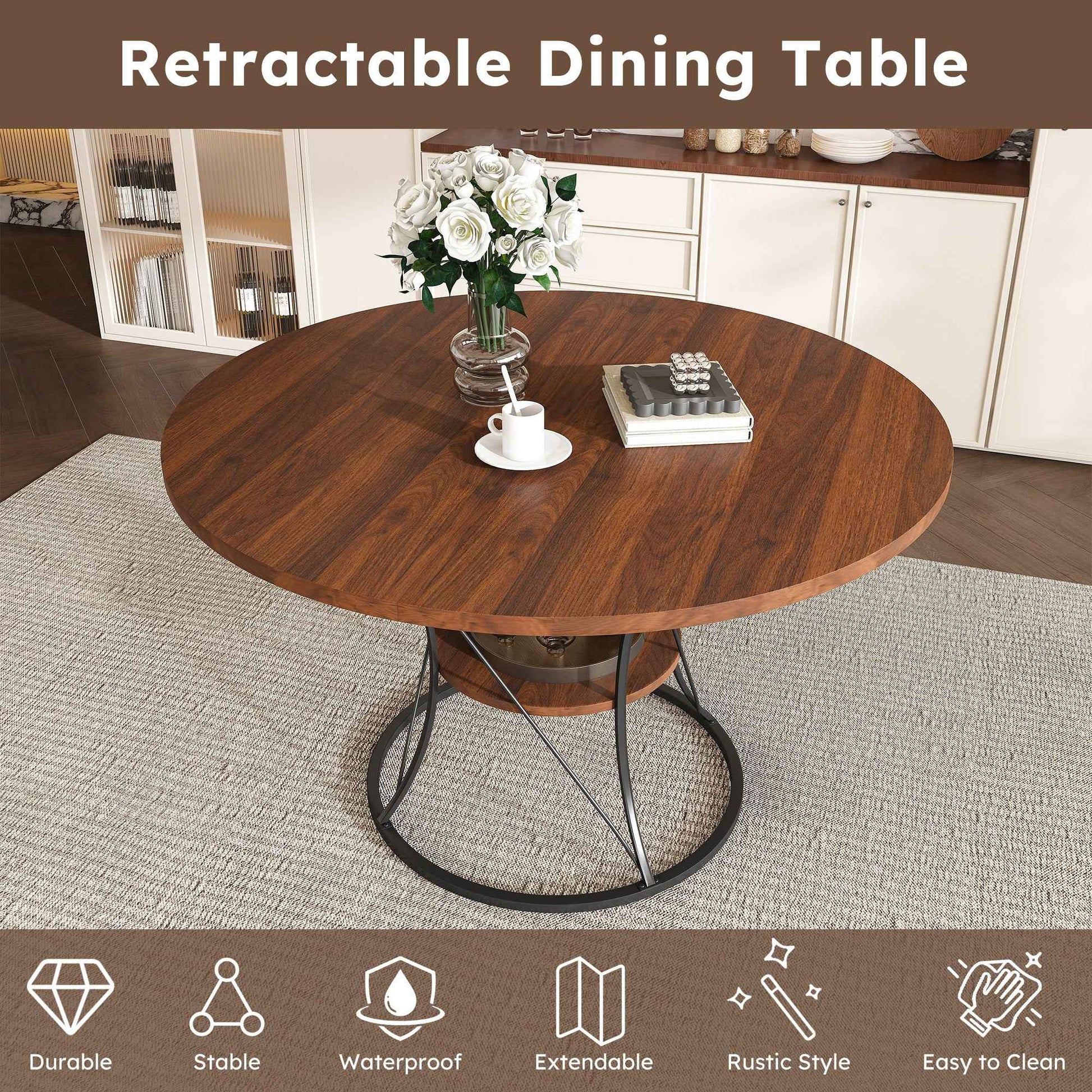 43 inch Round Dining Table for 4-6, Expandable Farmhouse Kitchen Table with Storage Shelf & Metal Base, Brown & Black Extendable Wood Table from 43 to 59 inch, Large Round Table for Home (No Chairs)