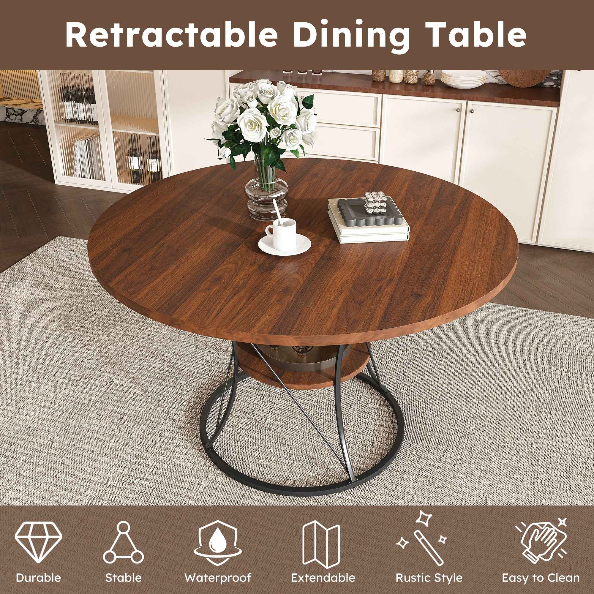 43 inch Round Dining Table for 4-6, Expandable Farmhouse Kitchen Table with Storage Shelf & Metal Base, Brown & Black Extendable Wood Table from 43 to 59 inch, Large Round Table for Home (No Chairs)