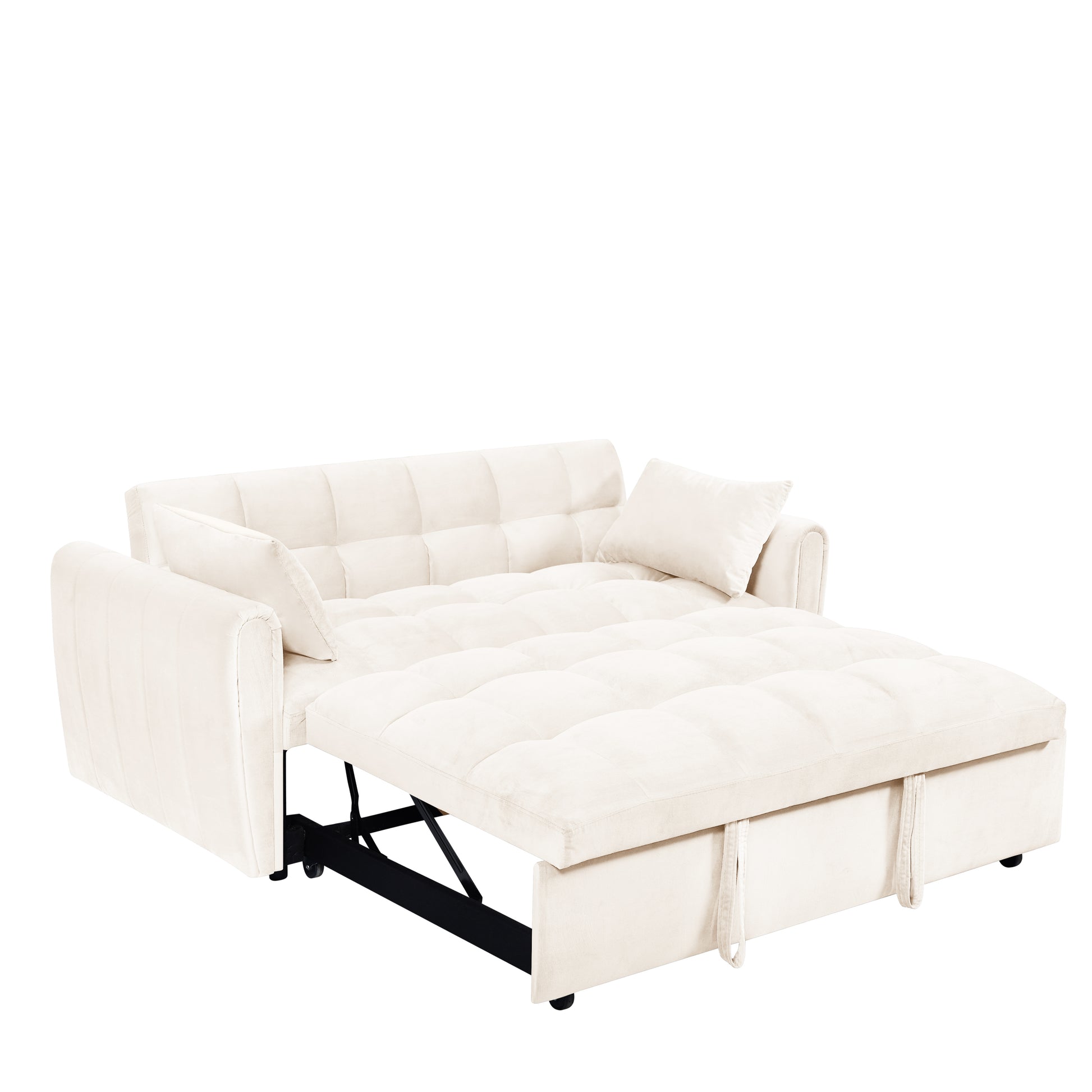 65'3-in-1 foldable large size sofa bed, modern velvet double sofa, sofa bed with adjustable back, storage bag and pillow, suitable for living room, bedroom (beige) - Abrihome