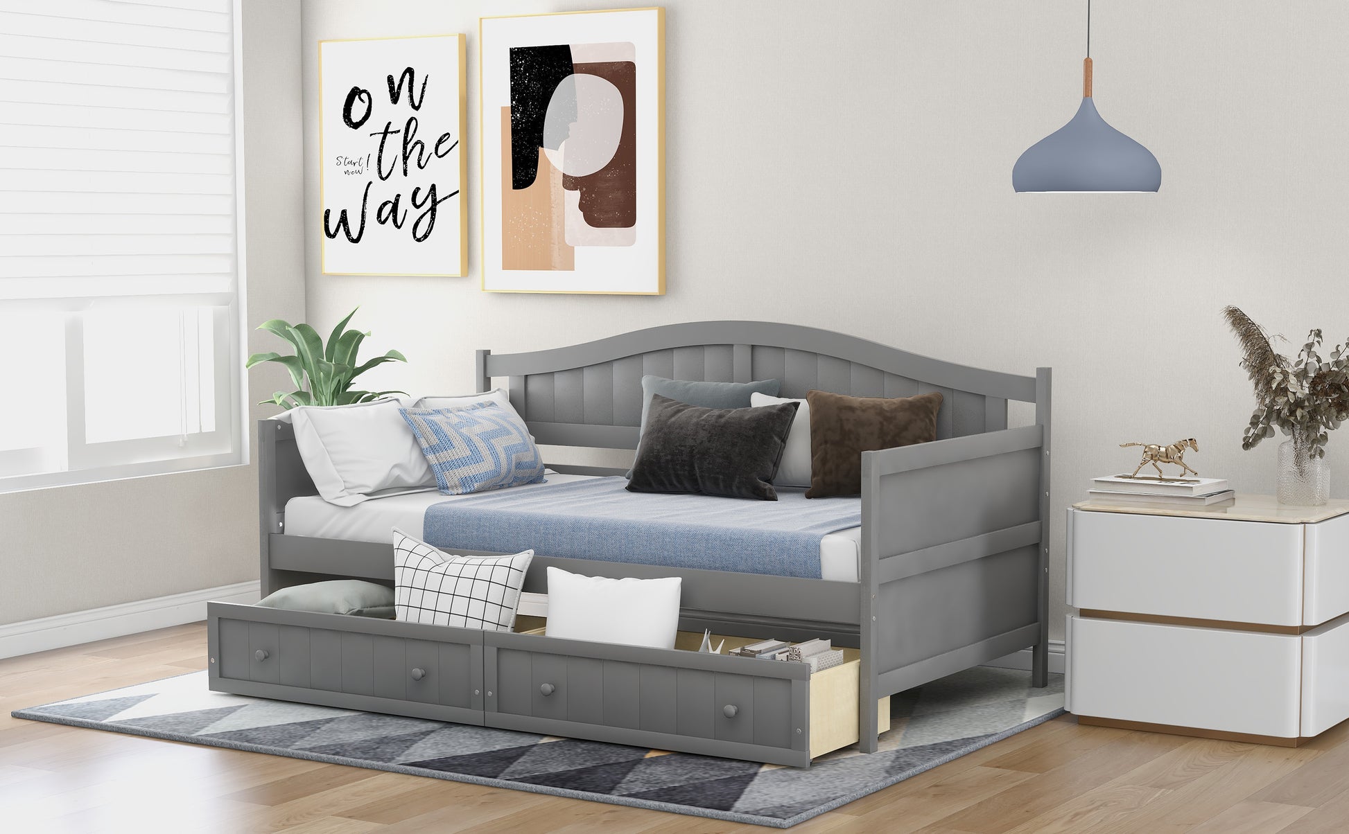 Twin Wooden Daybed with 2 drawers, Sofa Bed for Bedroom Living Room,No Box Spring Needed,Gray - Abrihome