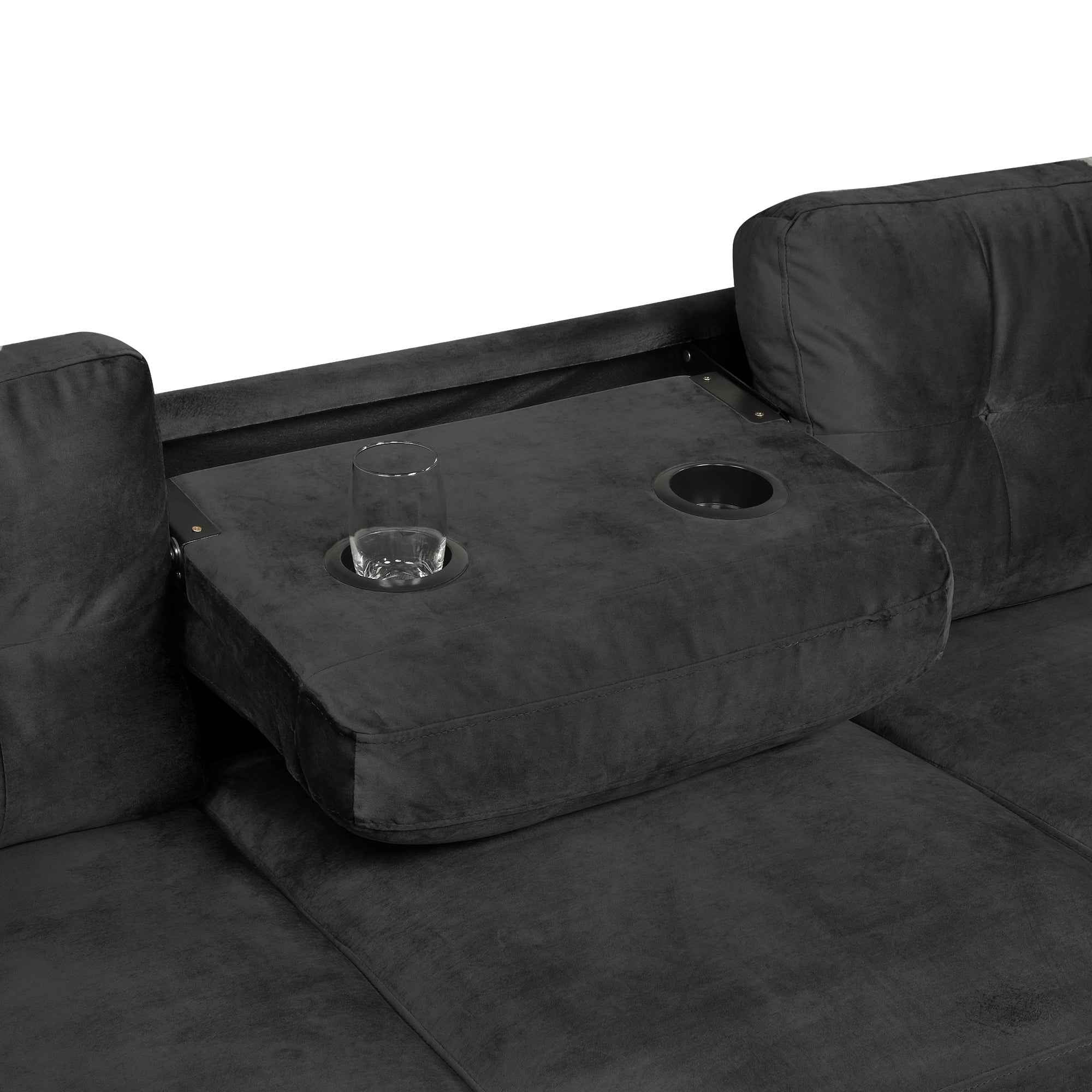Modern Sectional Sofa with Storage Ottoman, L-Shape Couch with 2 Pillows and Cup Holders, Black Velvet, 105'