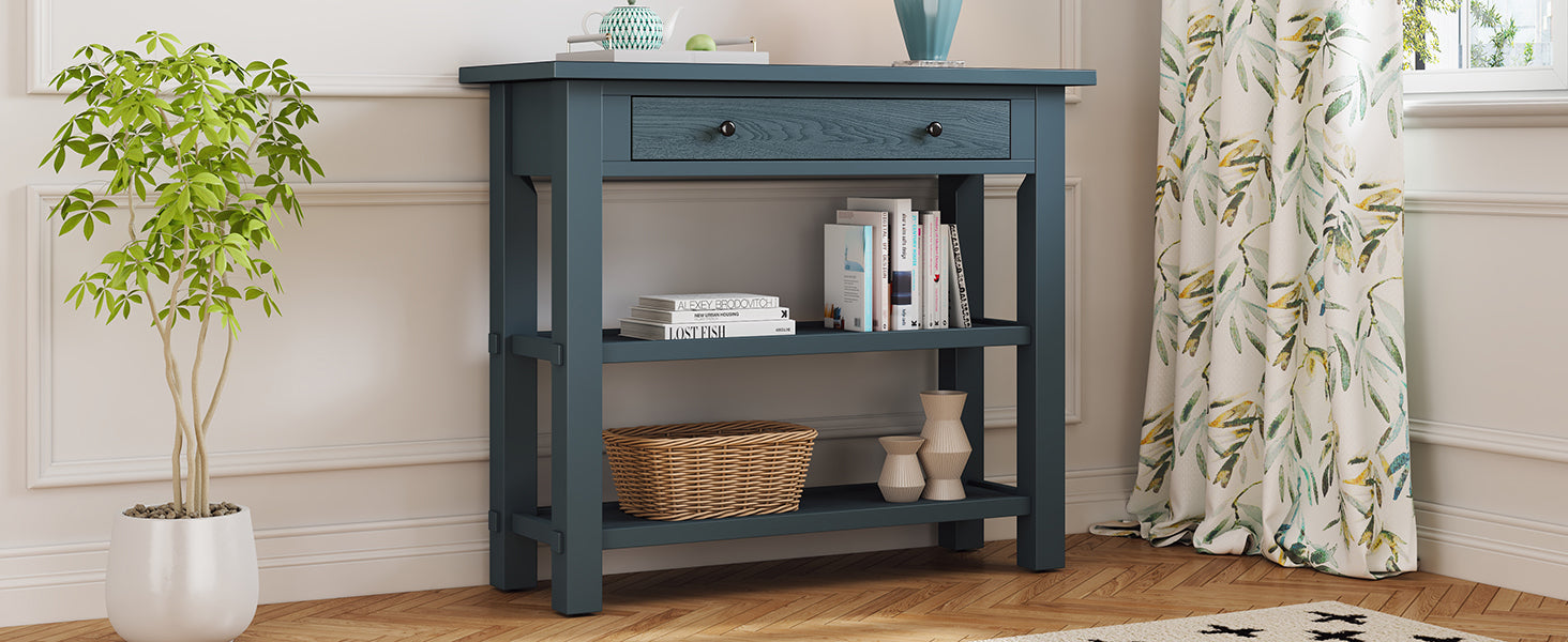 TREXM Retro Console Table with Drawer and Two Sturdy Shelves for Entryway, Living Room (Navy)