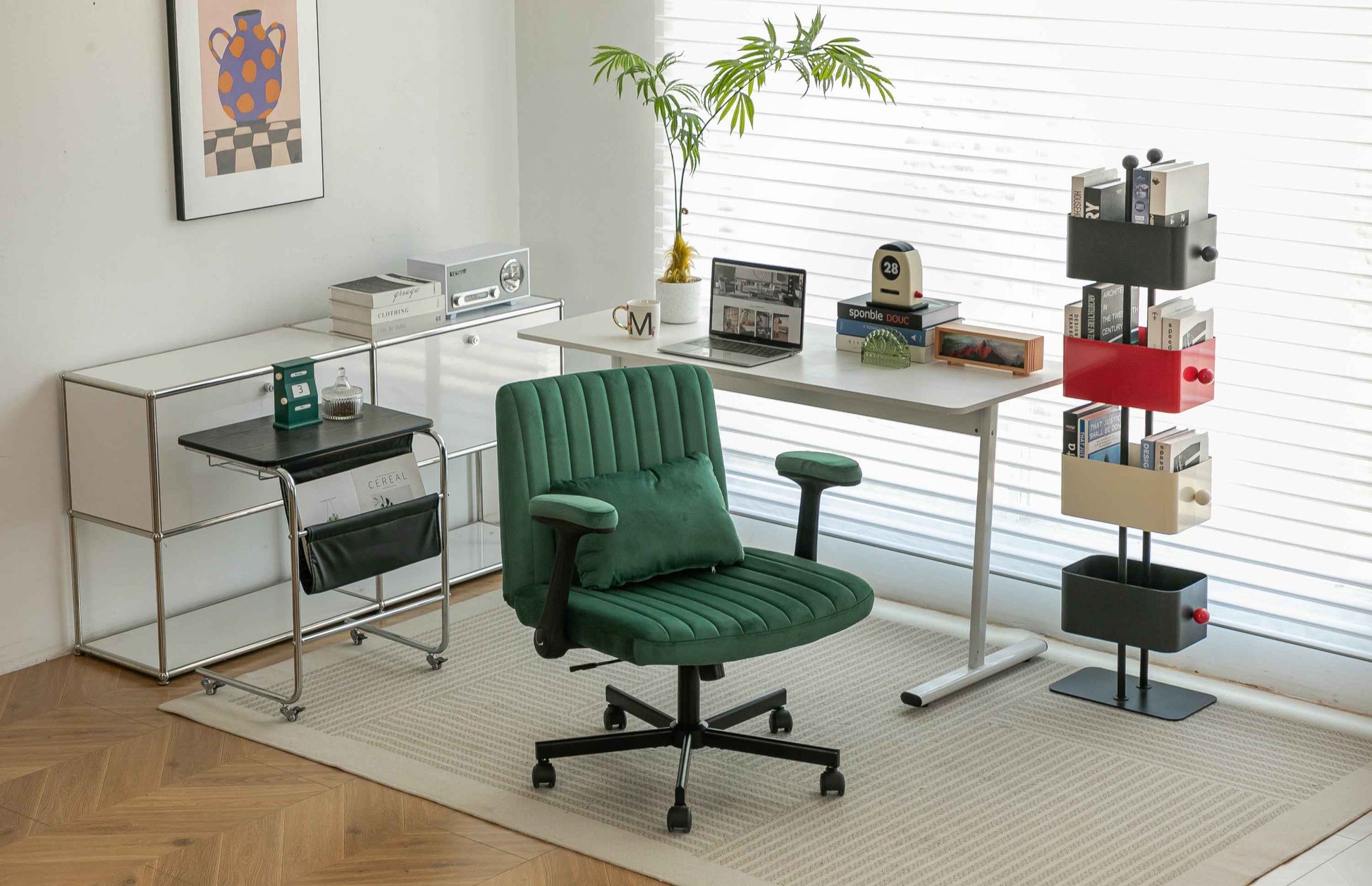 Green Velvet Criss Cross Armrest Office Chair with Wheels - Modern for Home Office, Meditation & Creative Work