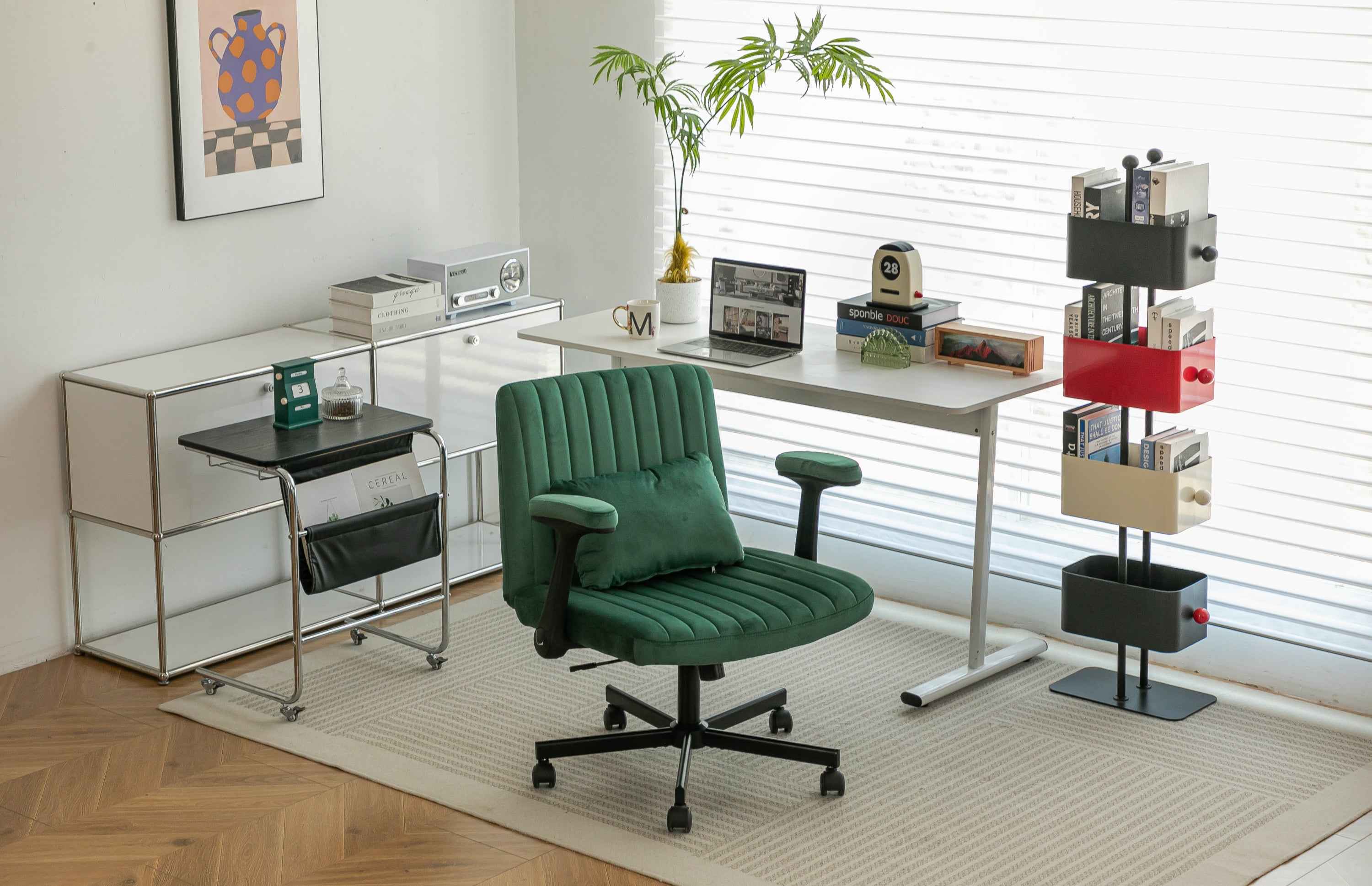 Green Velvet Criss Cross Armrest Office Chair with Wheels - Modern for Home Office, Meditation & Creative Work