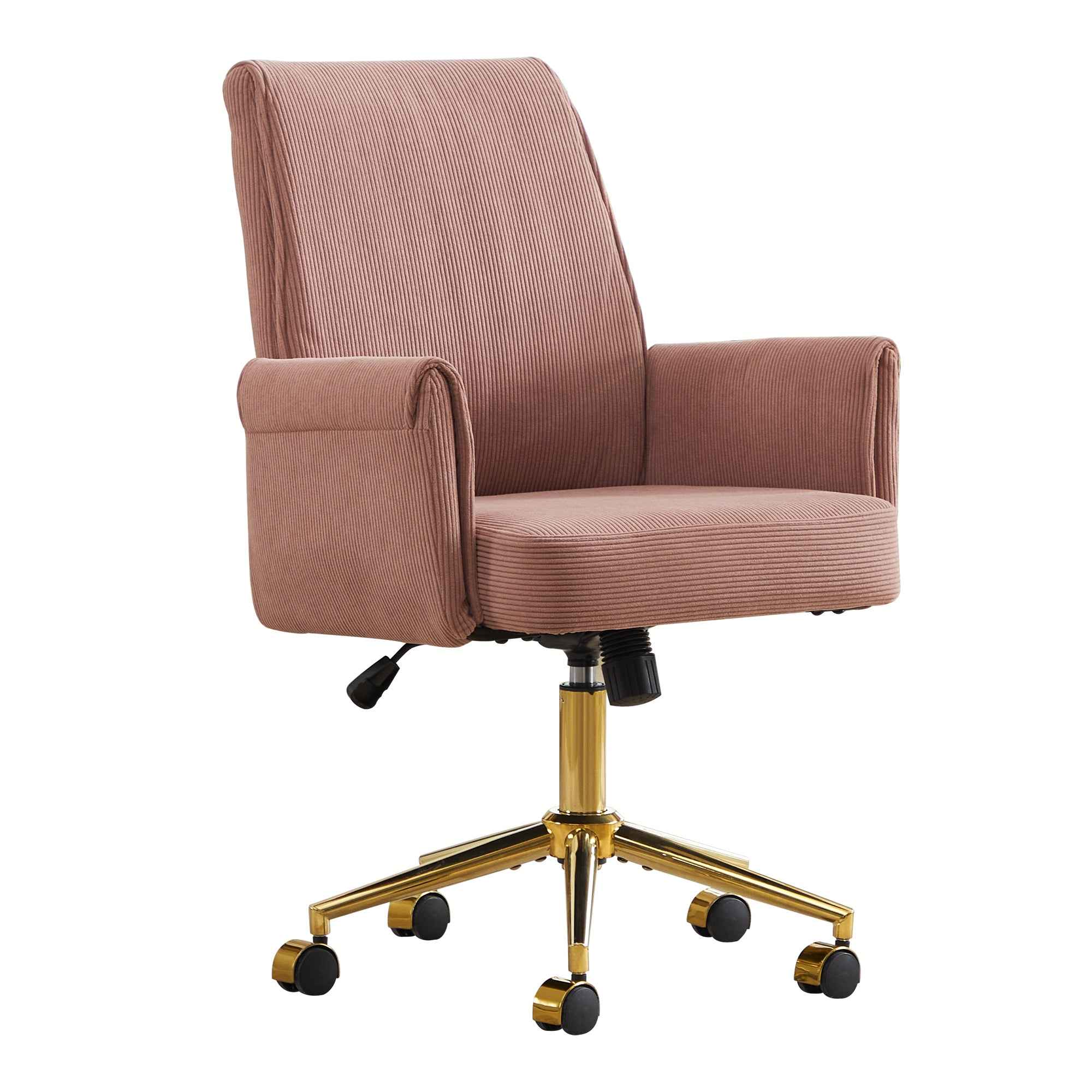 Ergonomic Mid-back Office Chair with Striped Velvet Fabric, Light Pink, Gold Metal Base, 25.2 x 24.0 x 41.9 Inches