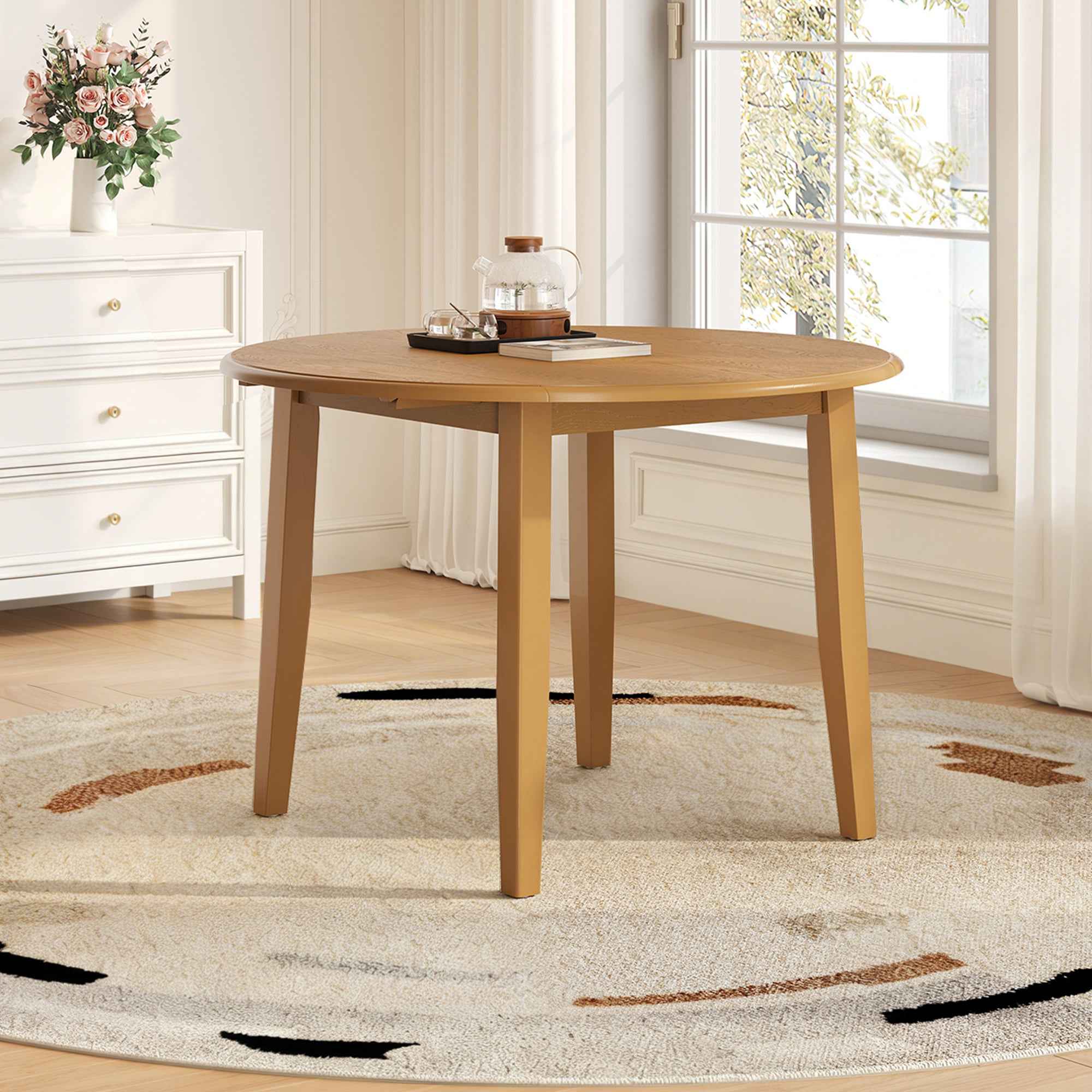 Extendable Round Dining Table for 2–4 People, Folding Wood Dining Table with Adjustable Size, Space-Saving Design for Small Apartments and Dining Areas - LIGHT BROWN