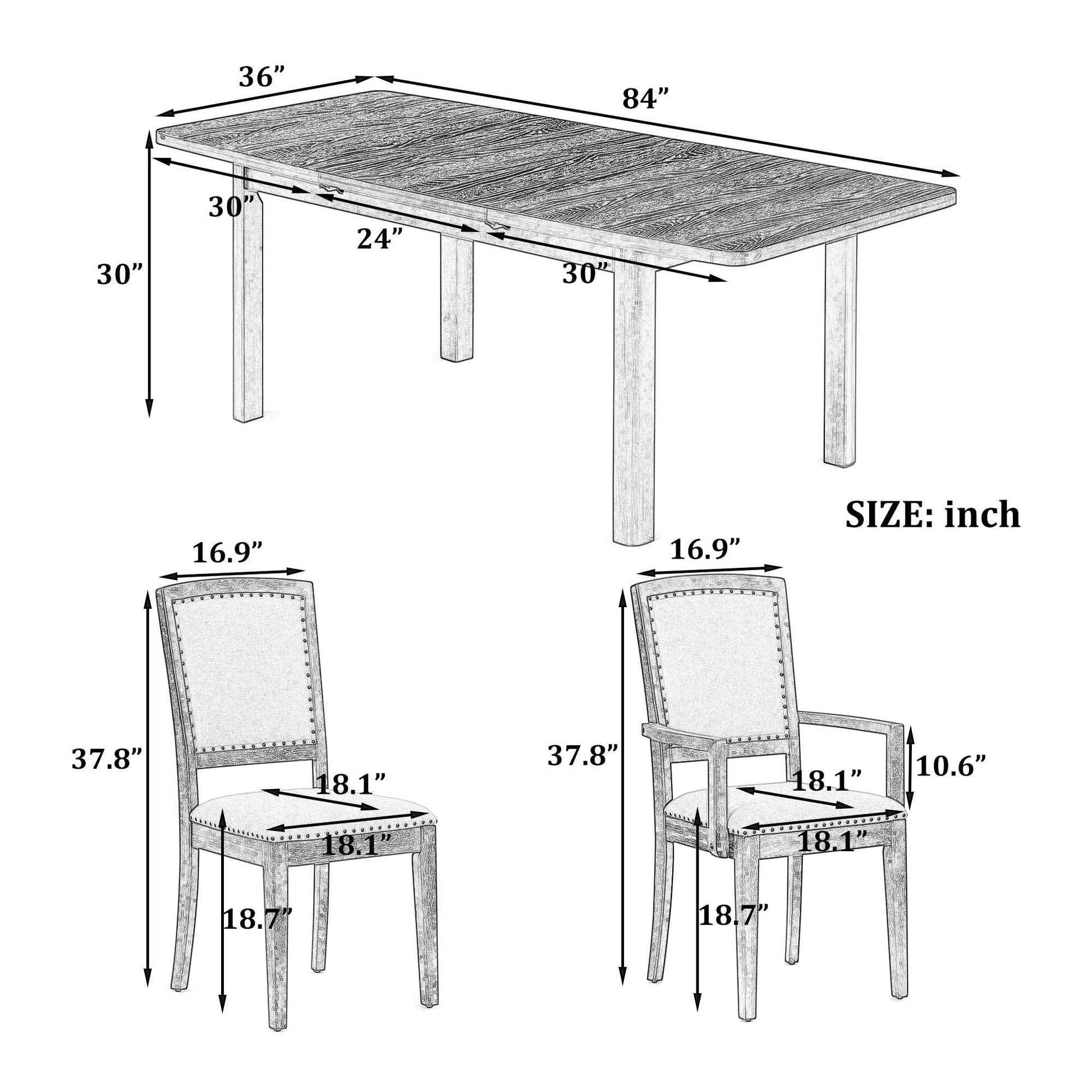 TOPMAX Rustic Extendable Dining Table Set with Removable Leaf, 6 Upholstered Armless Dining Chairs and 2 Padded Arm Chairs, Natural