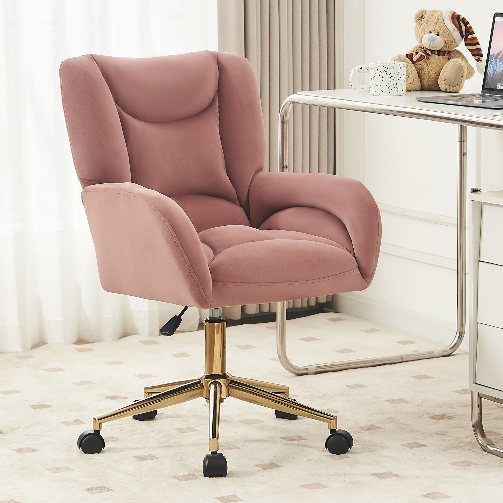 005-Velvet Fabric 360 Swivel Home Office Chair With Gold Metal Base And Universal Wheels,Pink