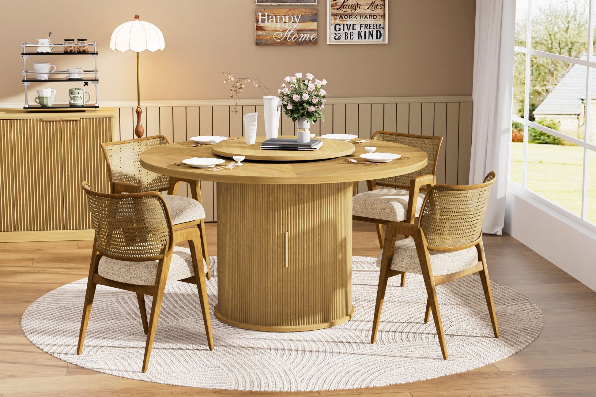 55-inch round dining table for six, featuring a double-tiered storage rack and a rotating tabletop tray. Wooden wavy-striped sliding doors. Ideal for home dining room living room (Natural).
