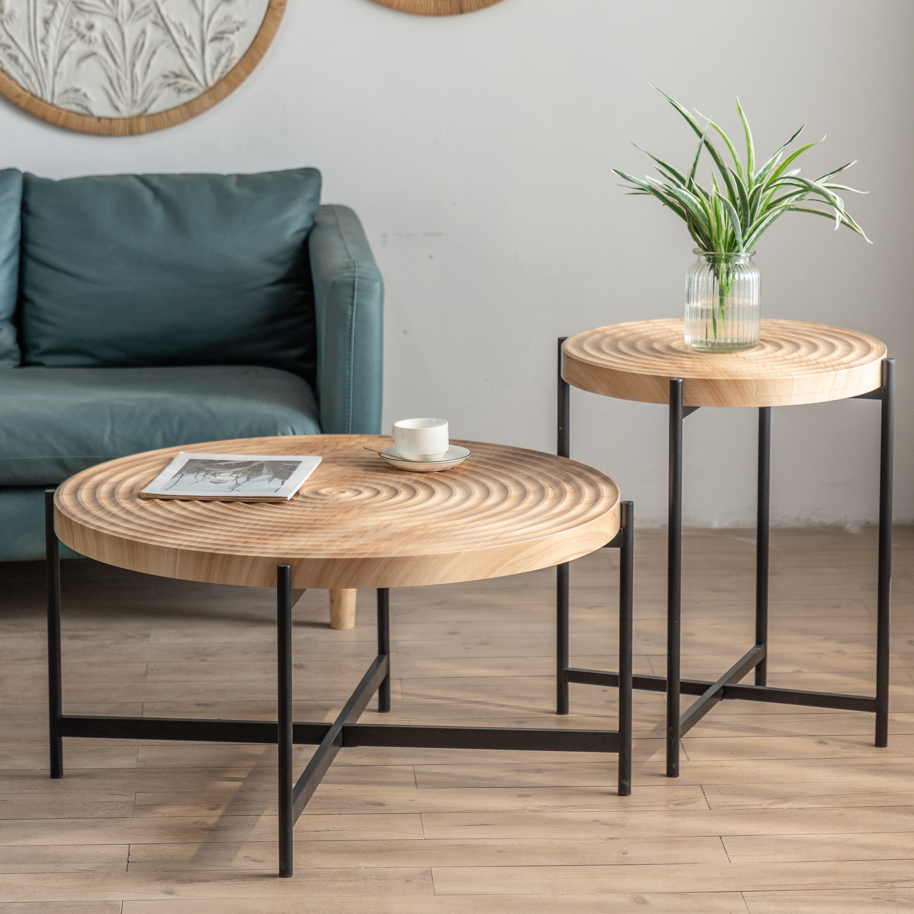 33"Modern Thread Design Round Coffee Table ,  MDF  Table Top with Cross Legs Metal Base