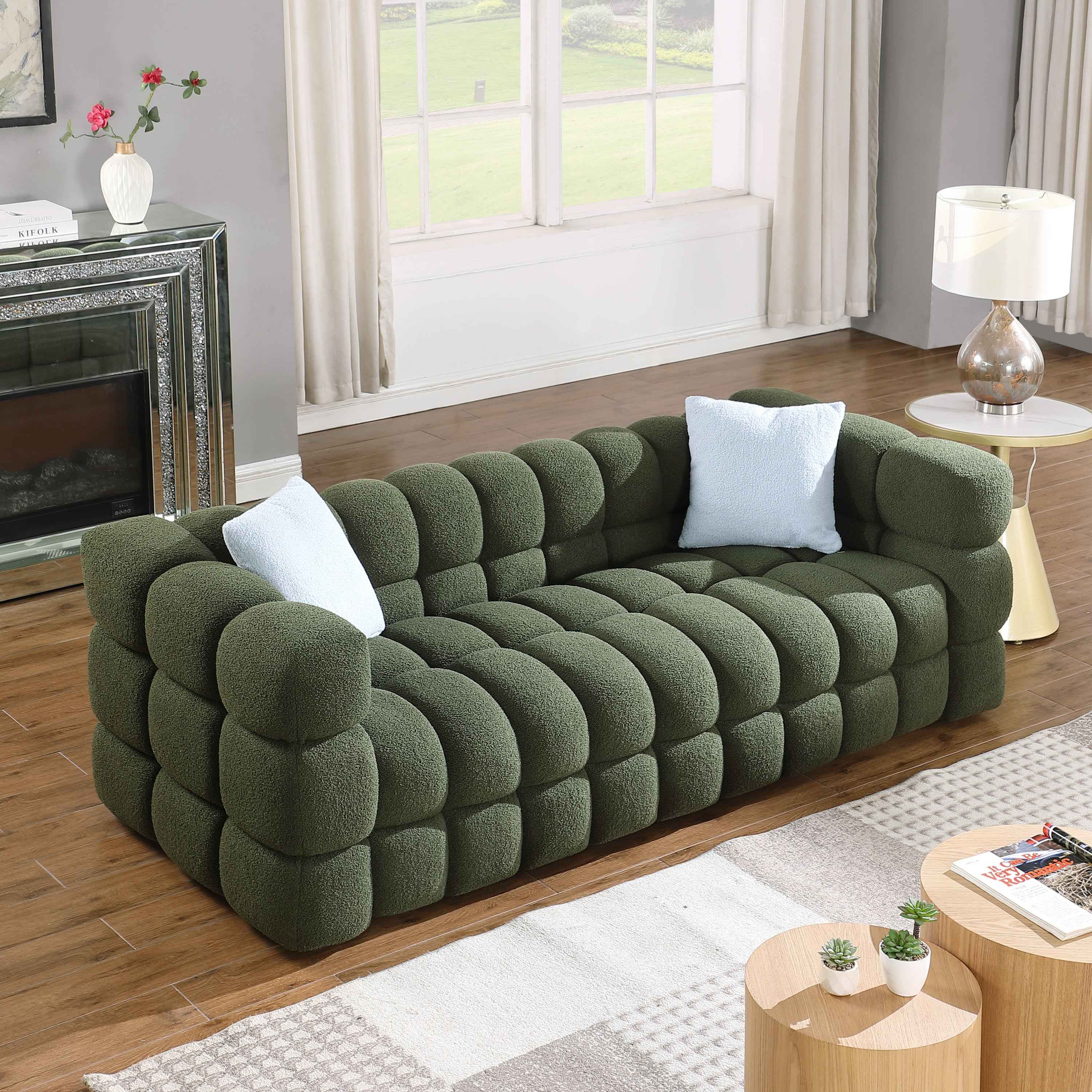 84.3 length ,35.83' deepth ,human body structure for USA people,  marshmallow sofa,boucle sofa ,3 seater, OLIVE GREEN BOUCLE