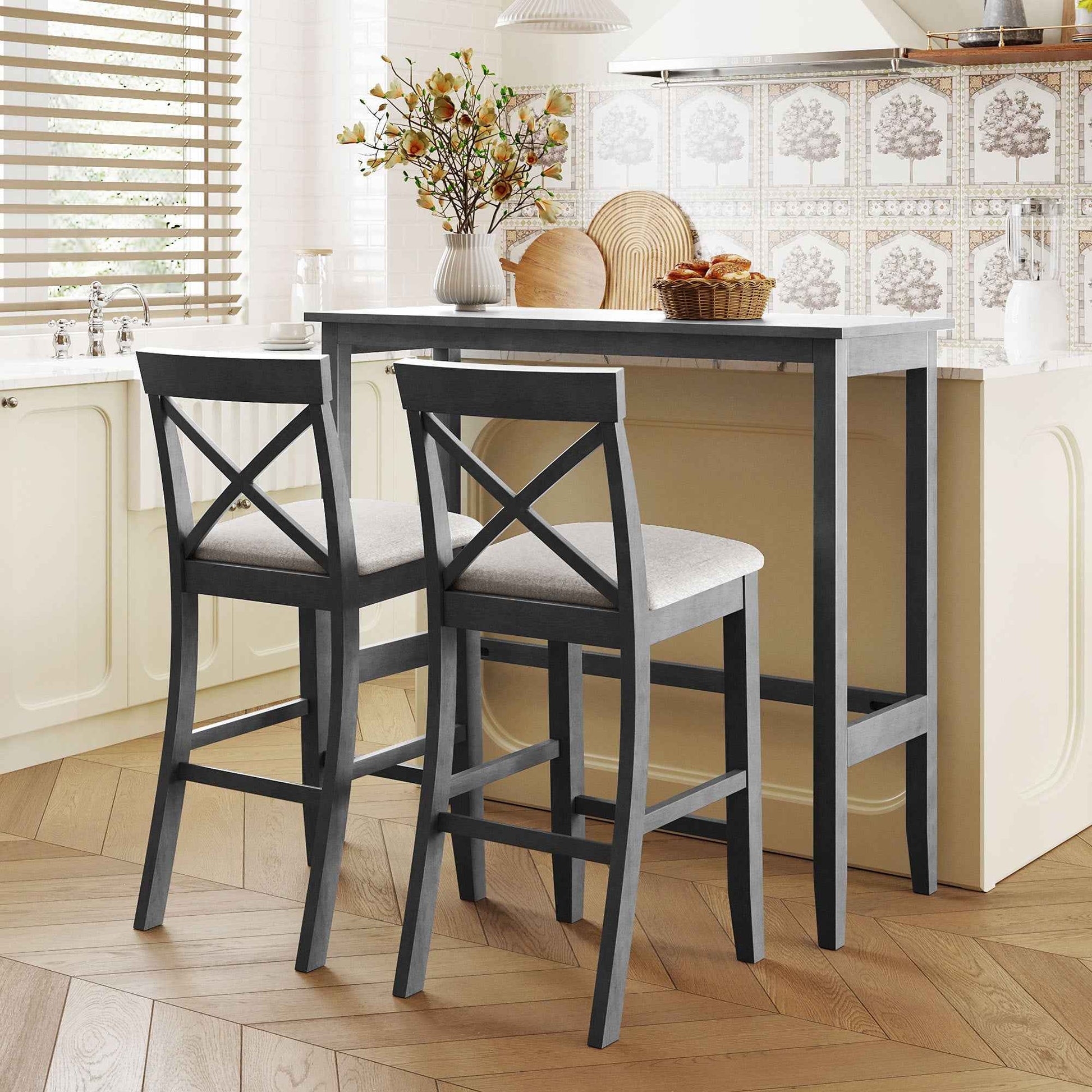 TOPMAX Farmhouse 48'Rectangular Wood Bar Height Dining Set Kitchen Breakfast Nook with 2 Chairs for Small Places,Gray+Beige