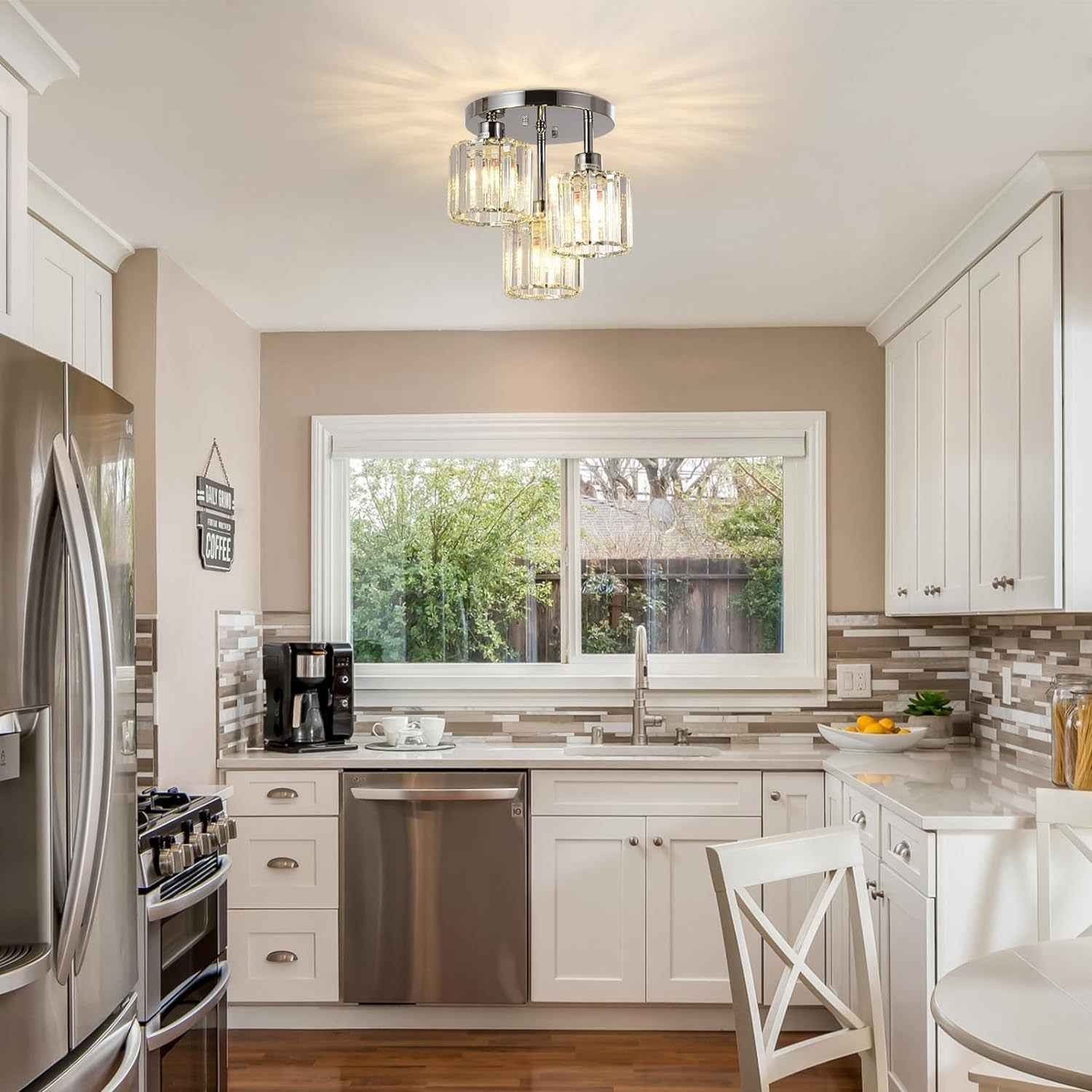 Semi Flush Mount Ceiling,3-Light Kitchen Mount,Hallway Light Fixtures Ceiling with Clear Crystal Shades for Kitchen Entryway Bedroom Bathroom Foyer