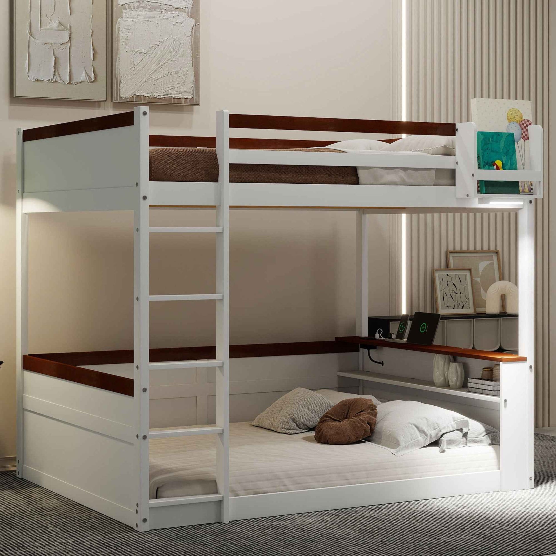 White Queen Size Wooden Bunk Bed with Built-in Shelves, Storage Box, LED Light, and USB Charging Station - Pine Wood + MDF