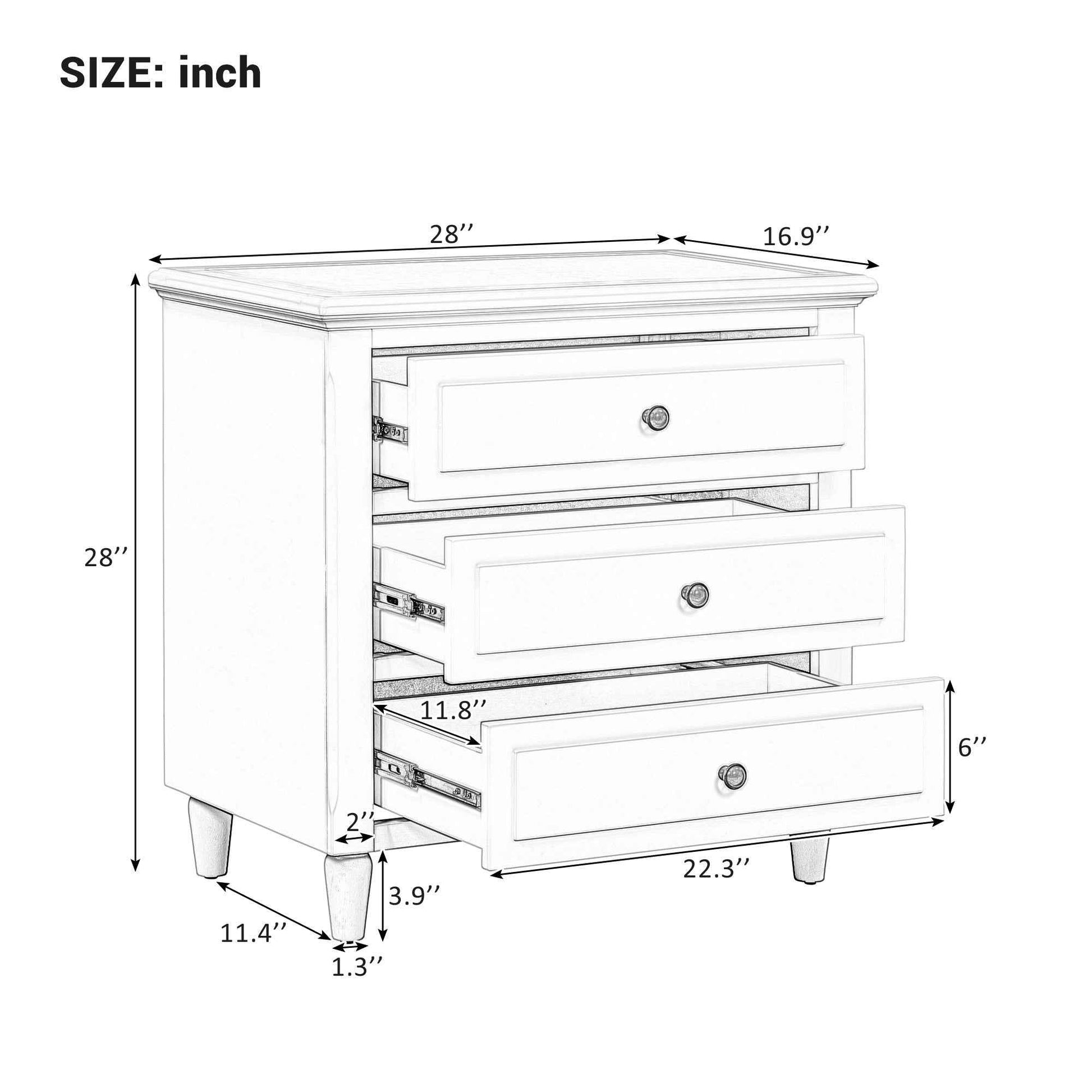 U_STYLE 28''painted Nightstand with 3 Drawers and Smooth Gliding Rails ,Simple Bedside Cabinet with Metal handle, Minimalist Sofa Side Table with rubber legs for Bedroom Sofa Couch Office