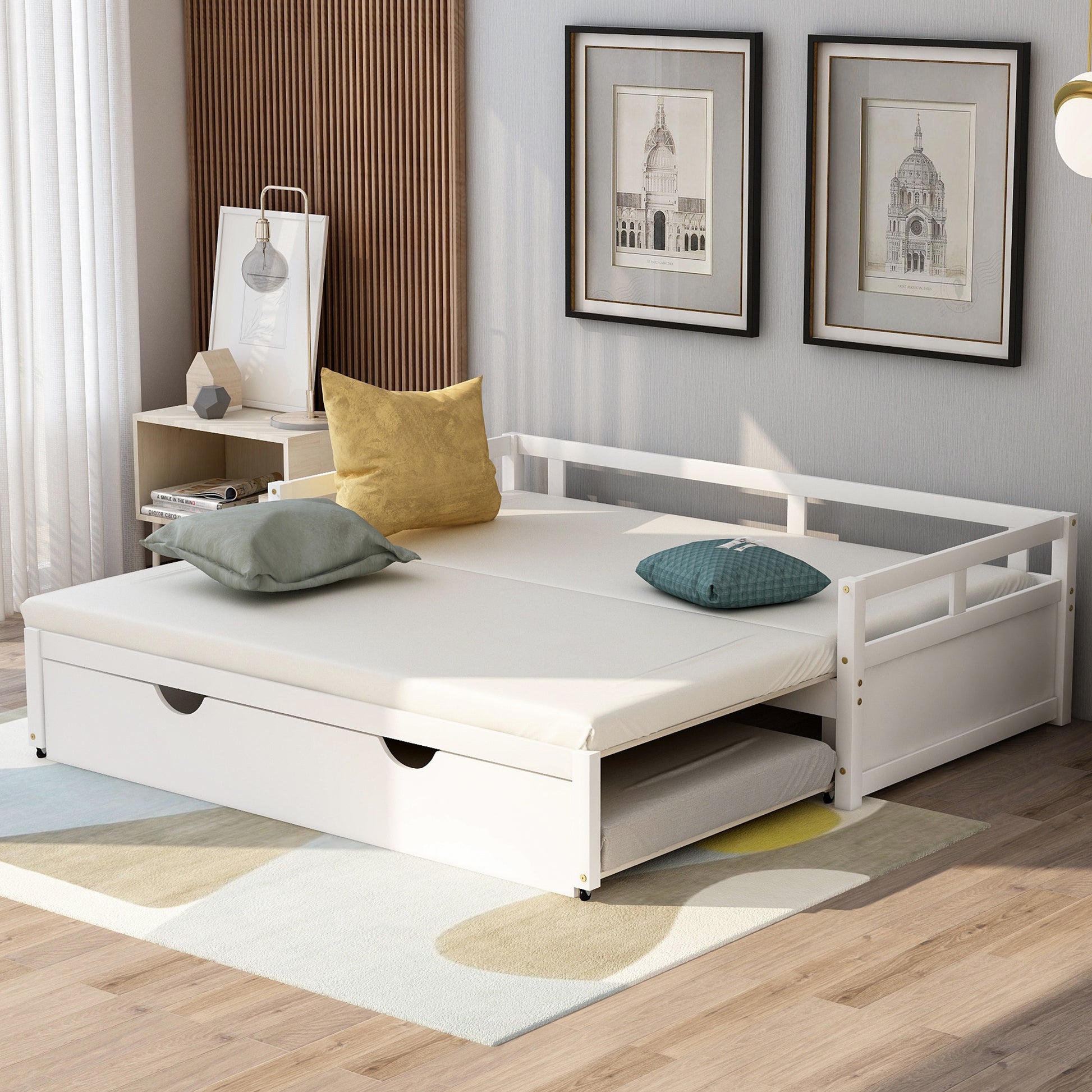 Extending Daybed with Trundle, Wooden Daybed with Trundle, White - Abrihome