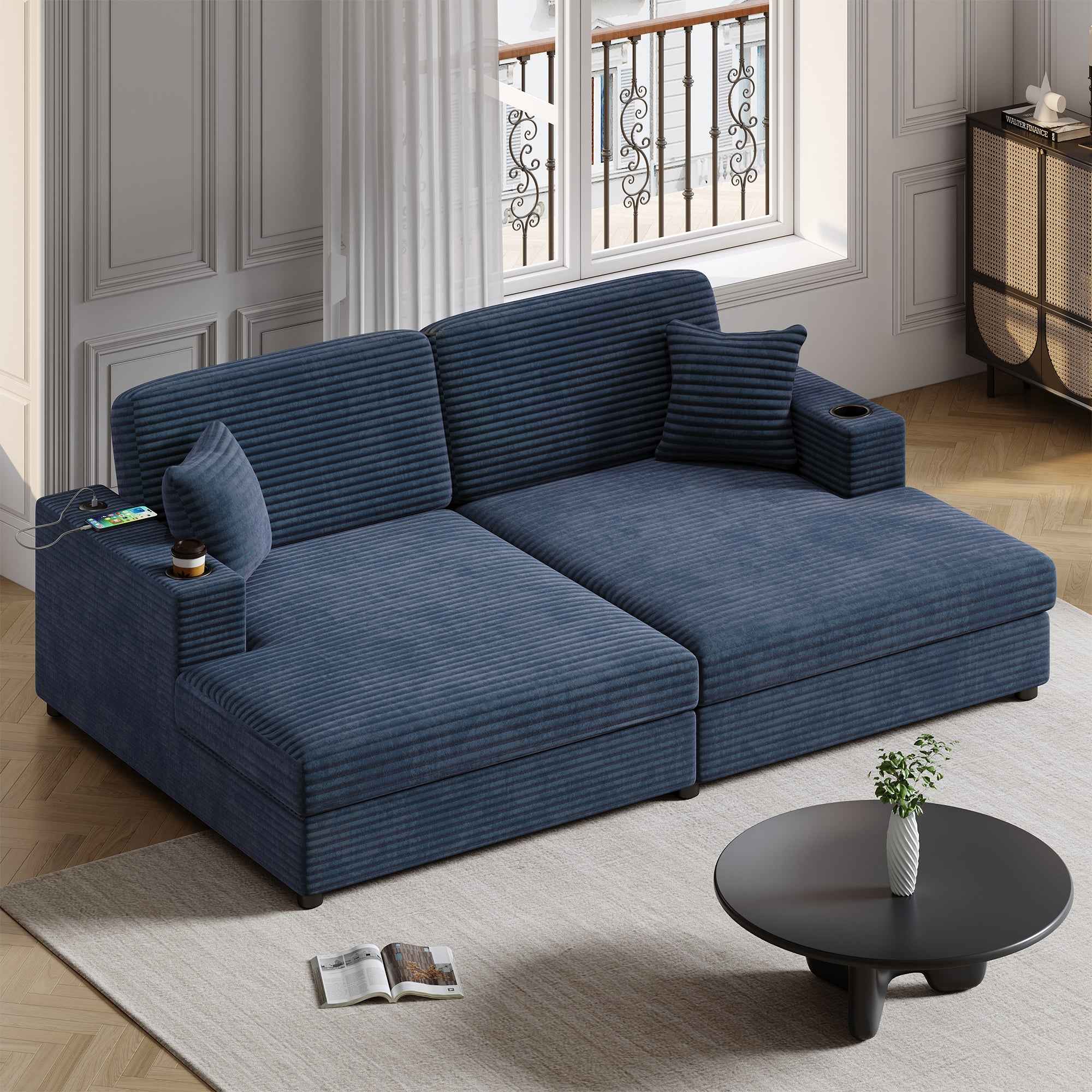 Oversized Loveseat Chaise Lounge Sectional Sofa Bed with USB Ports, Cup Holders, and Throw Pillows, Blue Corduroy