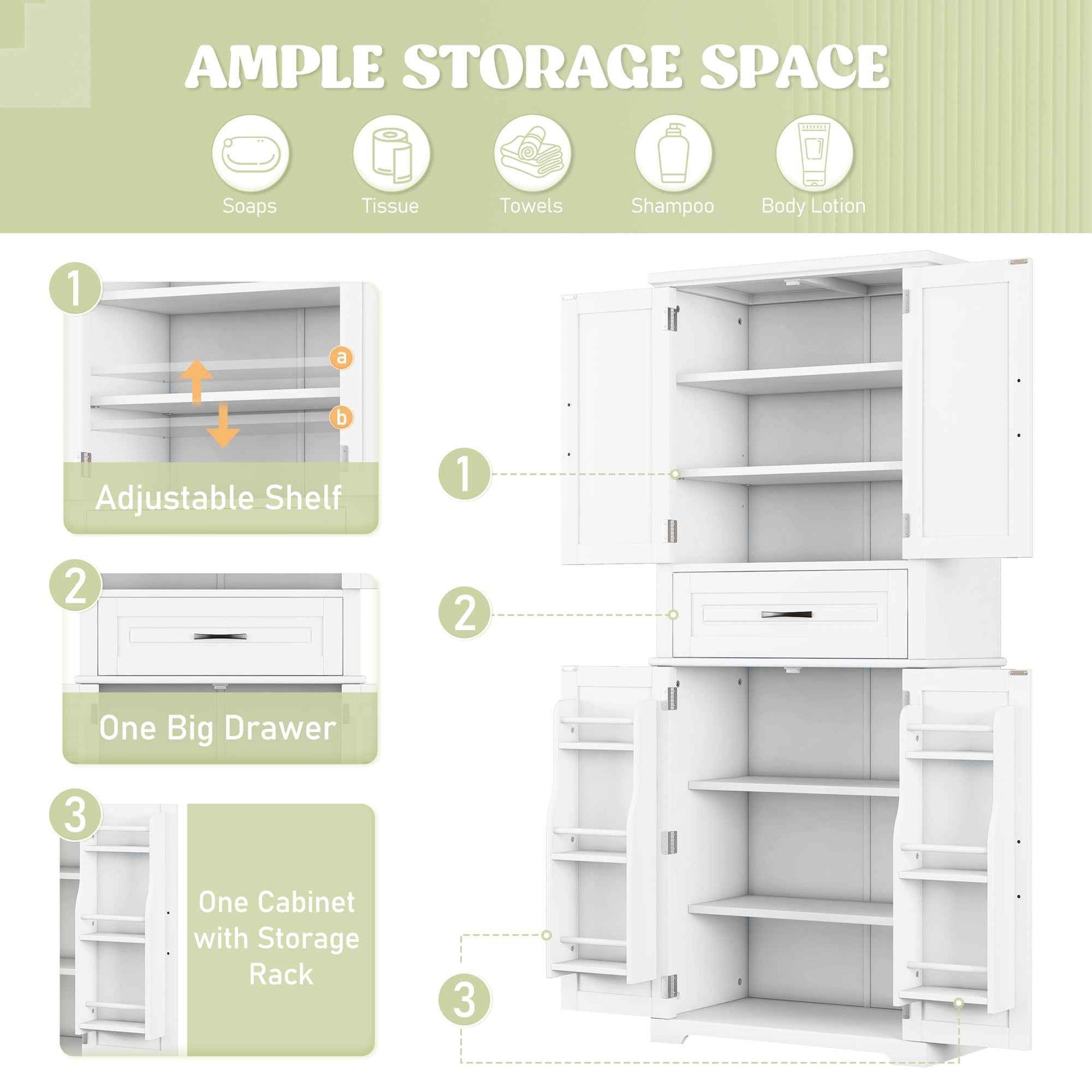 Bathroom Storage Cabinet with Multi-Functional Storage Space, Drawer with Slide Rails, Adjustable Shelf, White MDF
