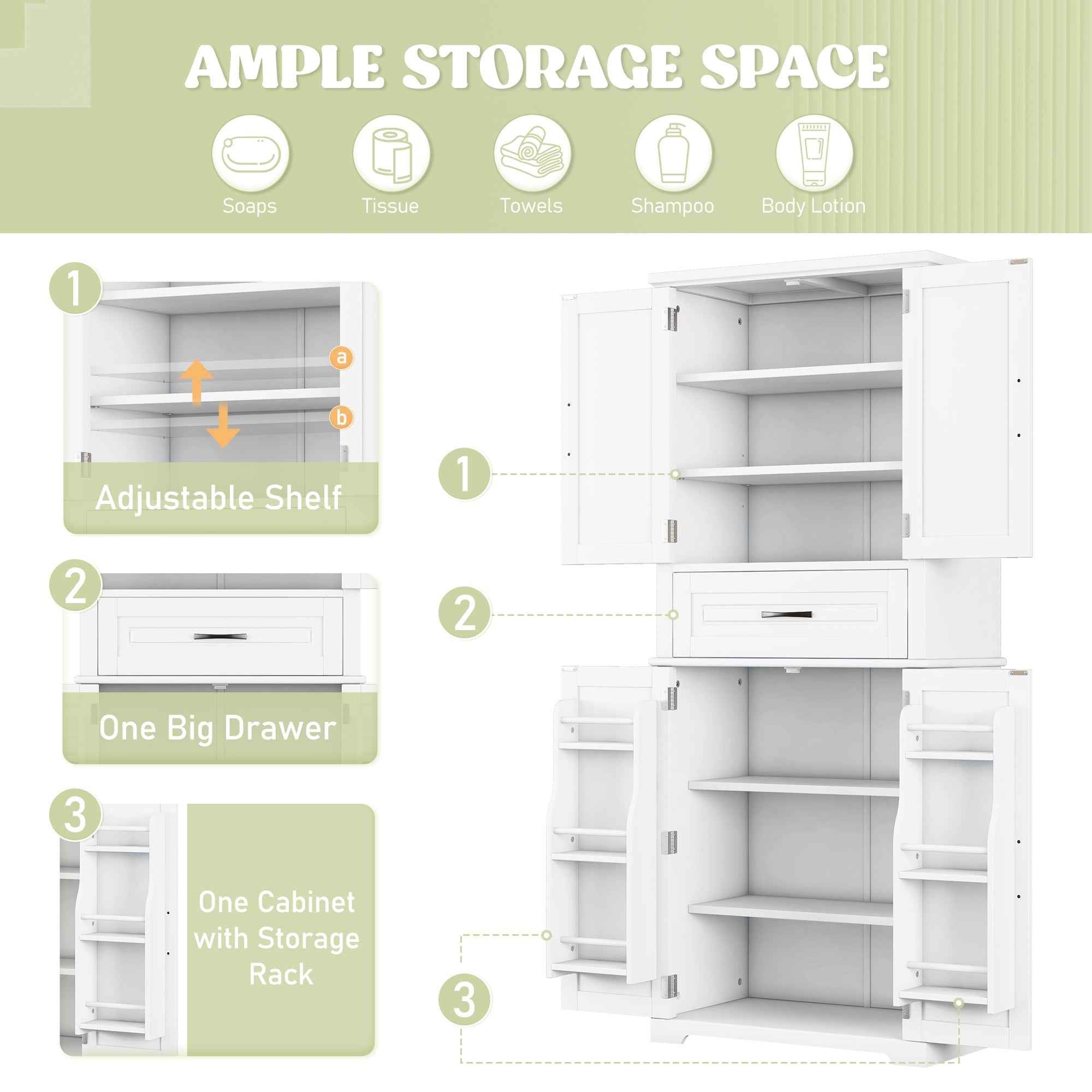 Bathroom Storage Cabinet with Multi-Functional Storage Space, Drawer with Slide Rails, Adjustable Shelf, White MDF