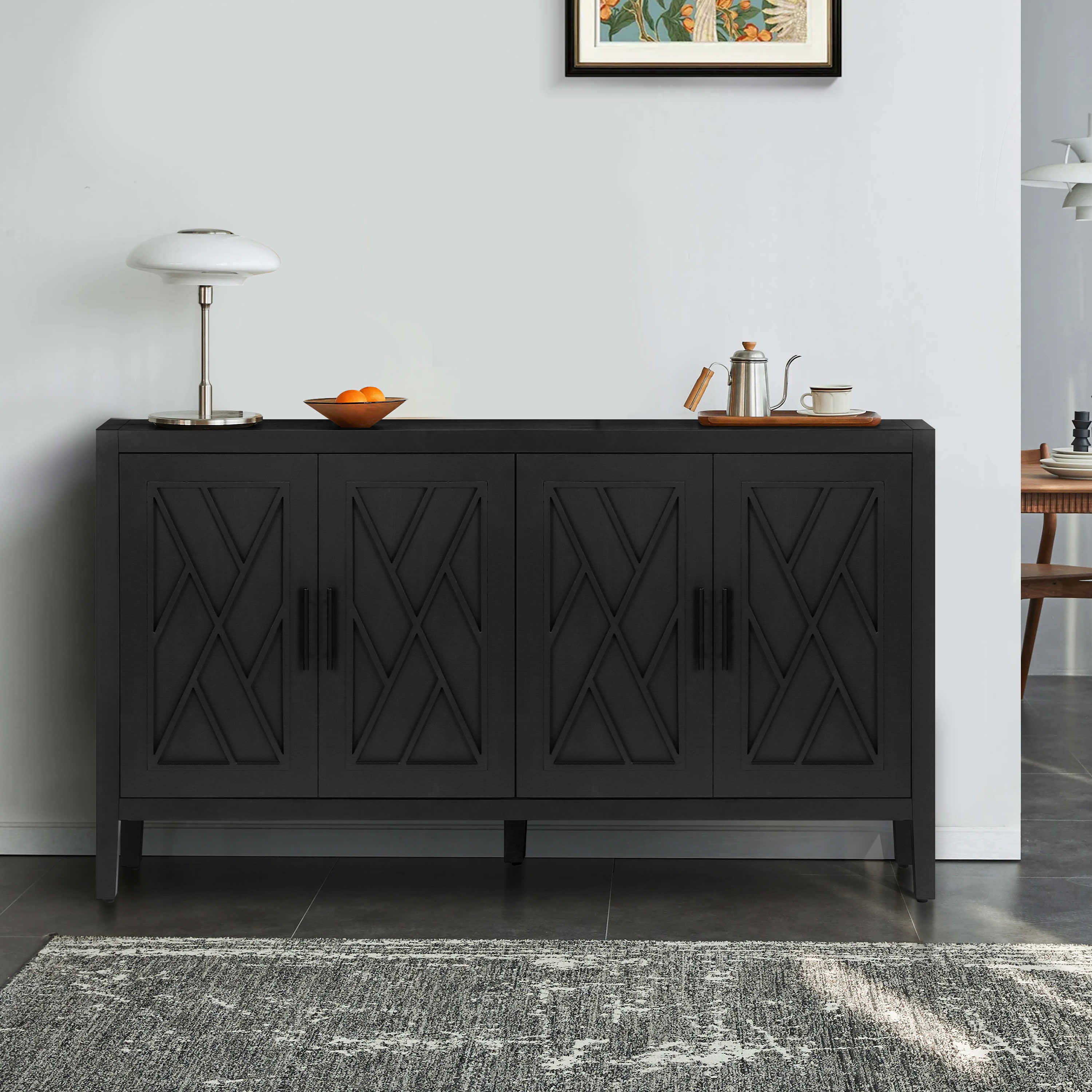 60 inches Modern Farmhouse Accent Cabinet with 4 Doors and Adjustable Shelf Wood Sideboard Buffet Cabinet Console Table Credenza Buffet Table for Kitchen Dining Room Entryway Hallway(Antique Black)