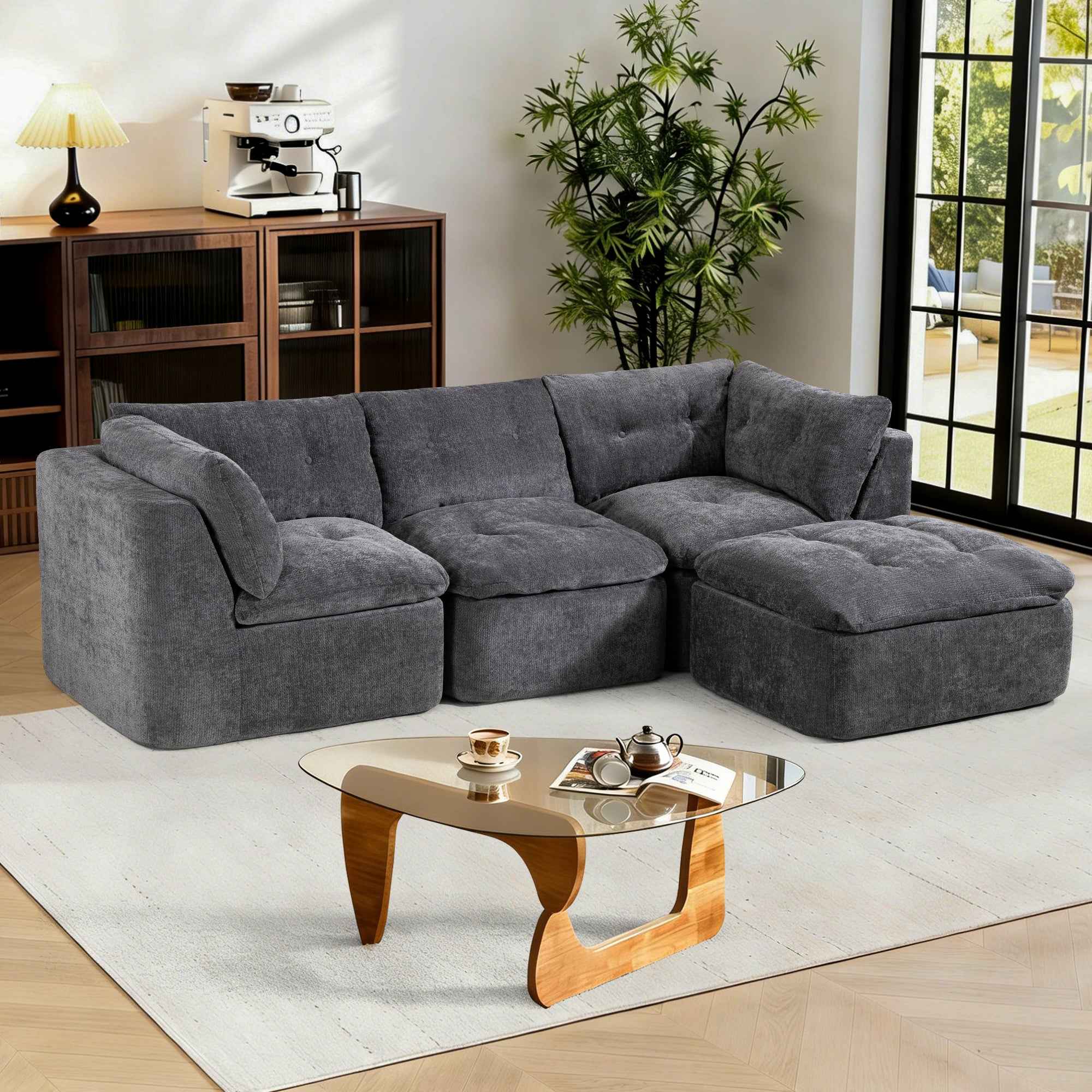 Modern Cloud-style Living Room Sofa, Deep Seat Convertible L-shaped Frame-free Sofa (with Ottoman), Oversized Comfortable 4-seater Chenille Fabric Compressed Sofa, Modular Sectional Sofa