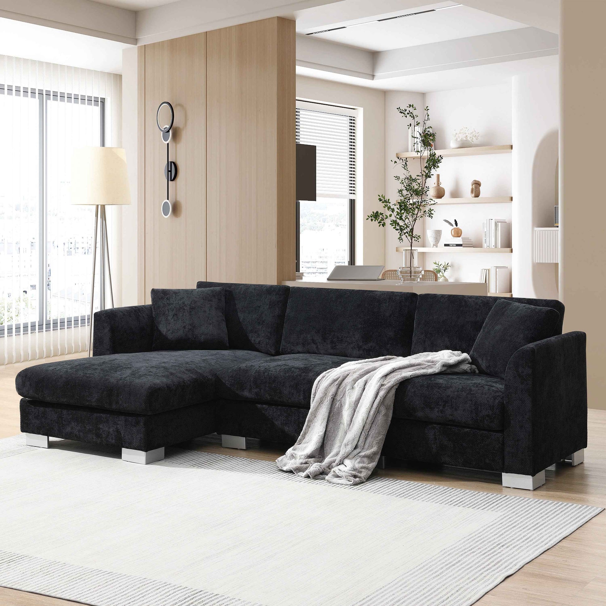 Modern Cloud L-Shaped Sectional Sofa with Chaise, Chenille Fabric, 3 Colors, 96*56 inches