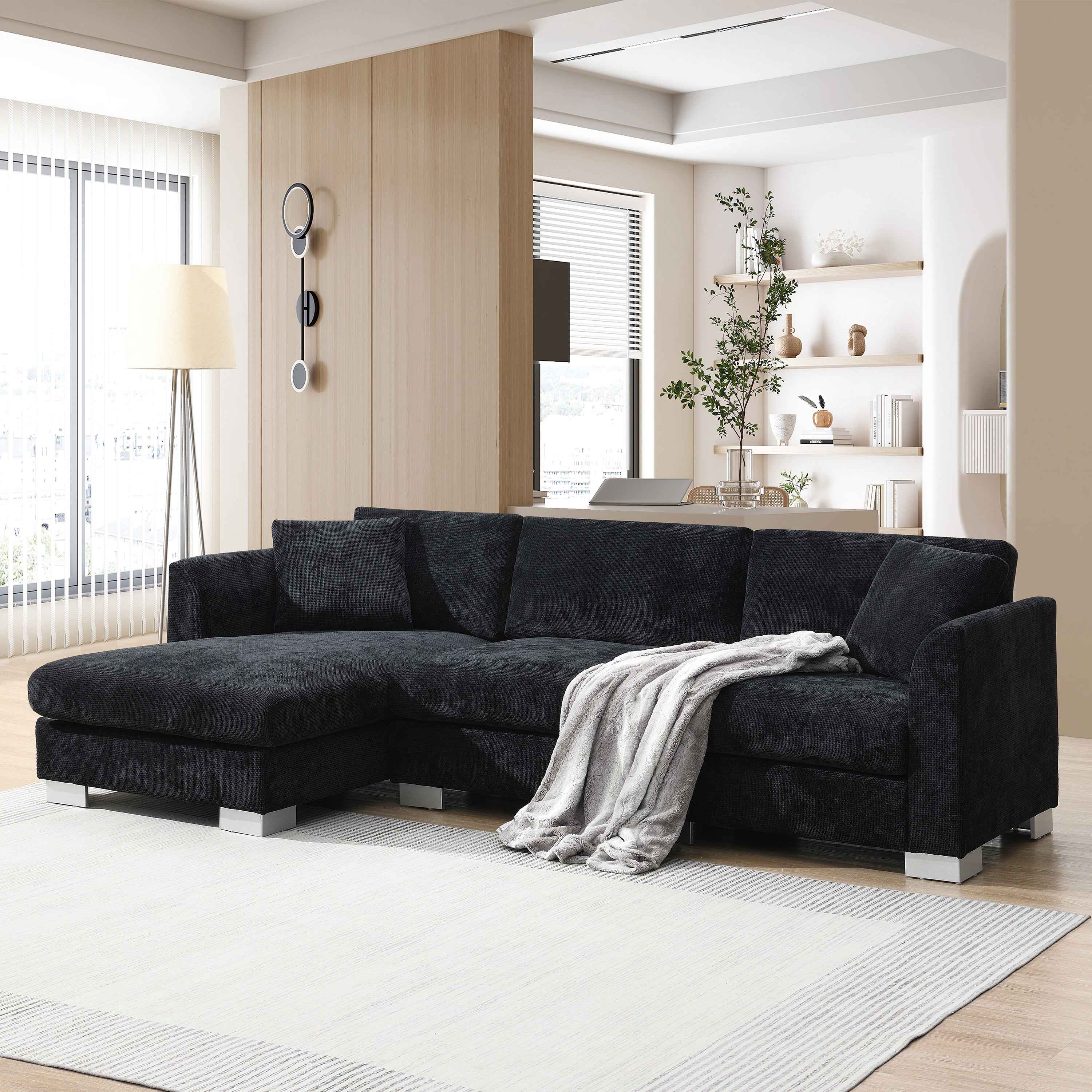 Modern Cloud L-Shaped Sectional Sofa with Chaise, Chenille Fabric, 3 Colors, 96*56 inches
