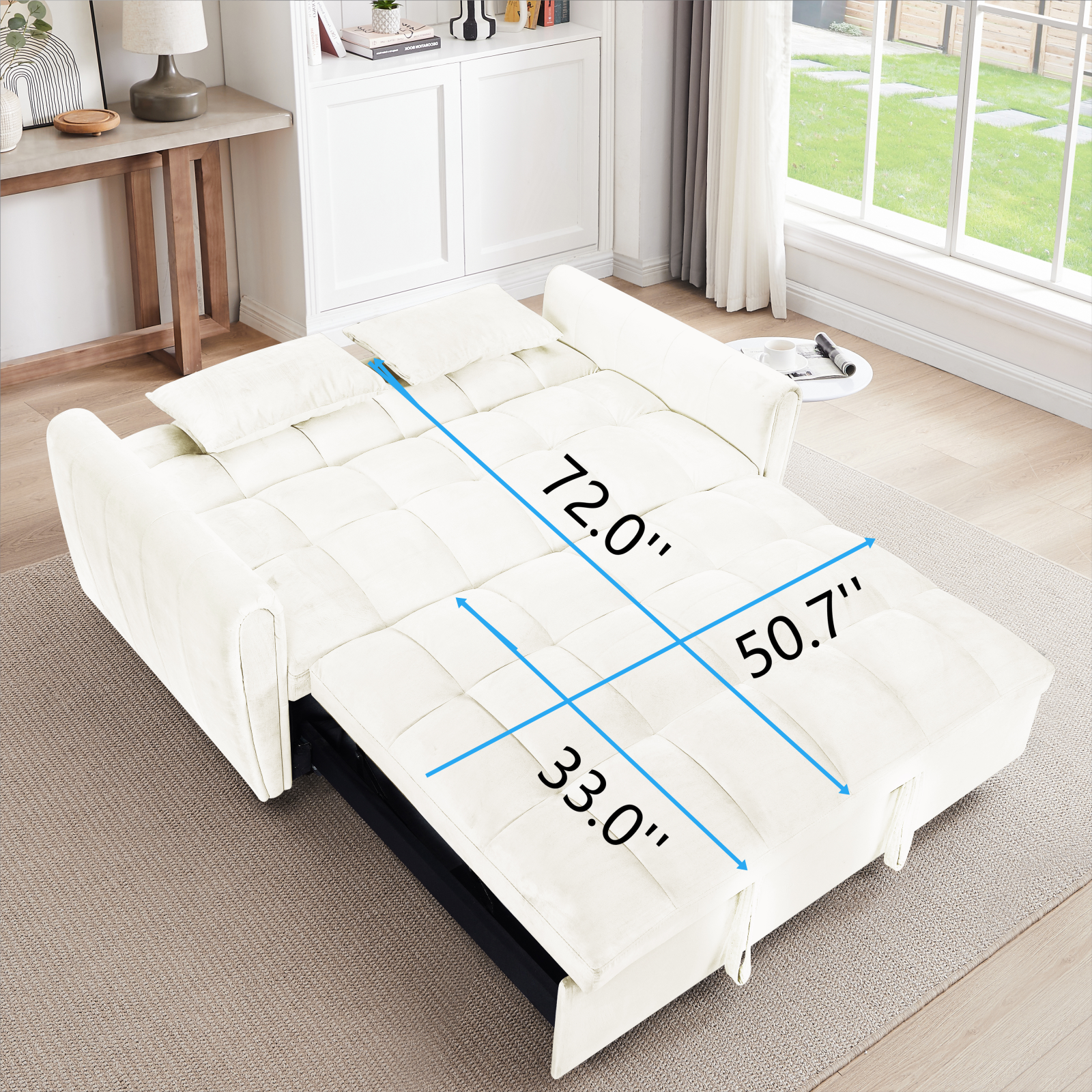 65'3-in-1 foldable large size sofa bed, modern velvet double sofa, sofa bed with adjustable back, storage bag and pillow, suitable for living room, bedroom (beige) - Abrihome