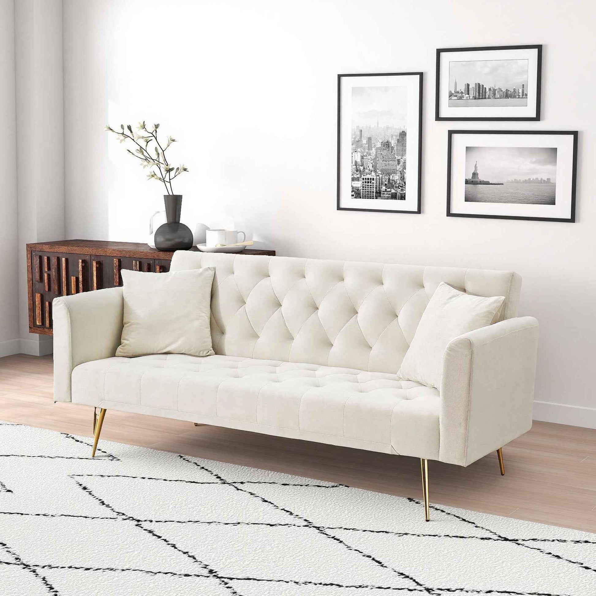 71 inch convertible love seat sofa, American retro beige velvet, suitable for small living room, bedroom, office