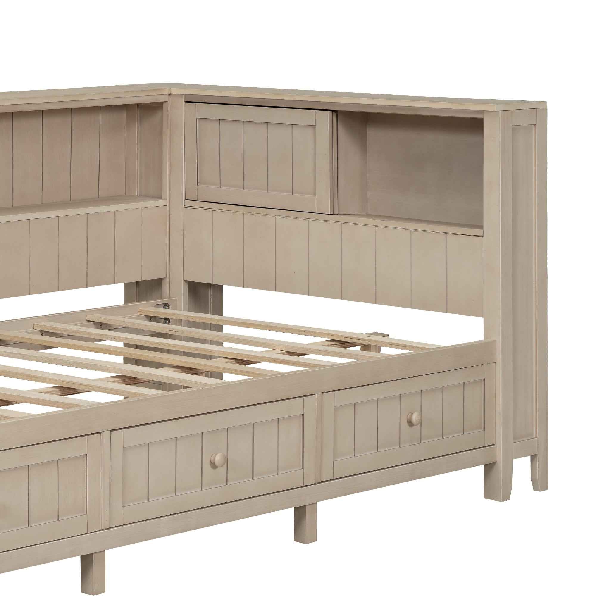 Twin Size Wood Daybed with Storage Shelves and 3 Drawers in Antique White Milk Finish, Solid Pine Wood and MDF