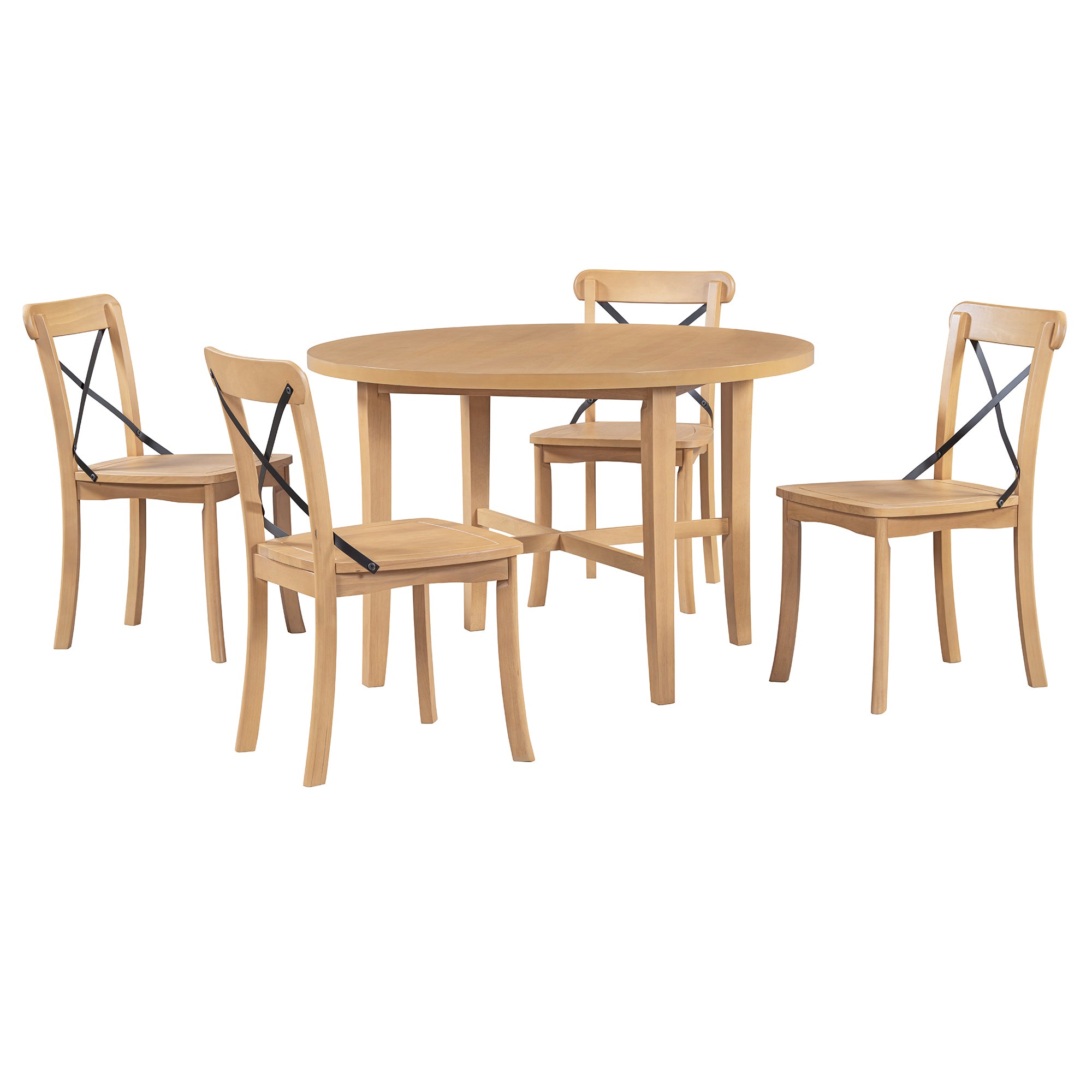 TREXM 5-piece Dining Set, Retro Simple Round Table and 4 Chairs with X-shaped Backrest for Kitchen, Dining Room and Living Room (Natural)