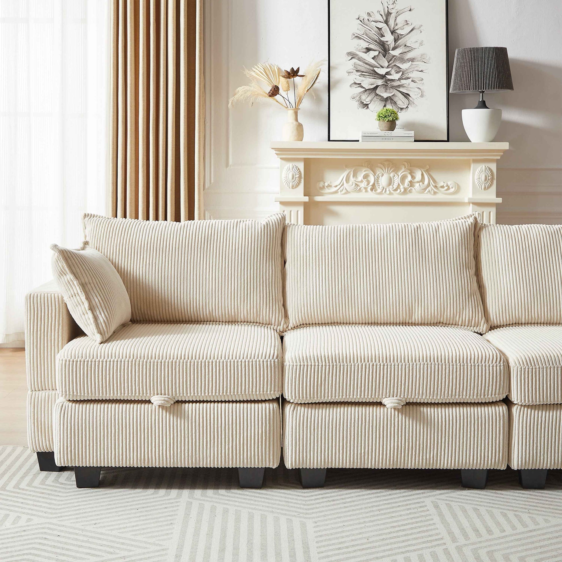 113.5'' Modular Sectiona Corduroy Sofa, Sectional Couches for Living Room U Shaped Sectional Couch with Storage Ottoman, 6 Seats Convertible Sectionals with Chaise