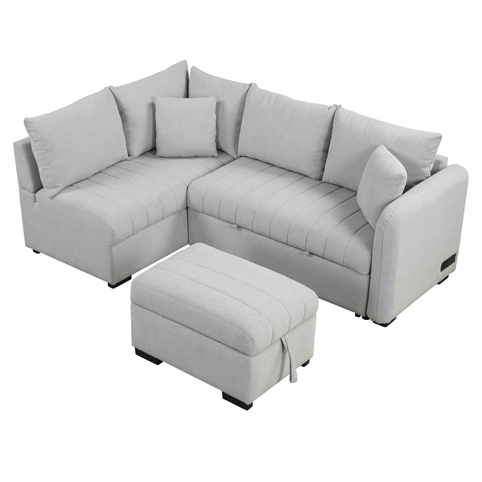 Modern L-shaped Sectional Pull Out Sofa Bed with USB Ports & Storage Ottoman, Gray Jacquard Fabric, 82.6'