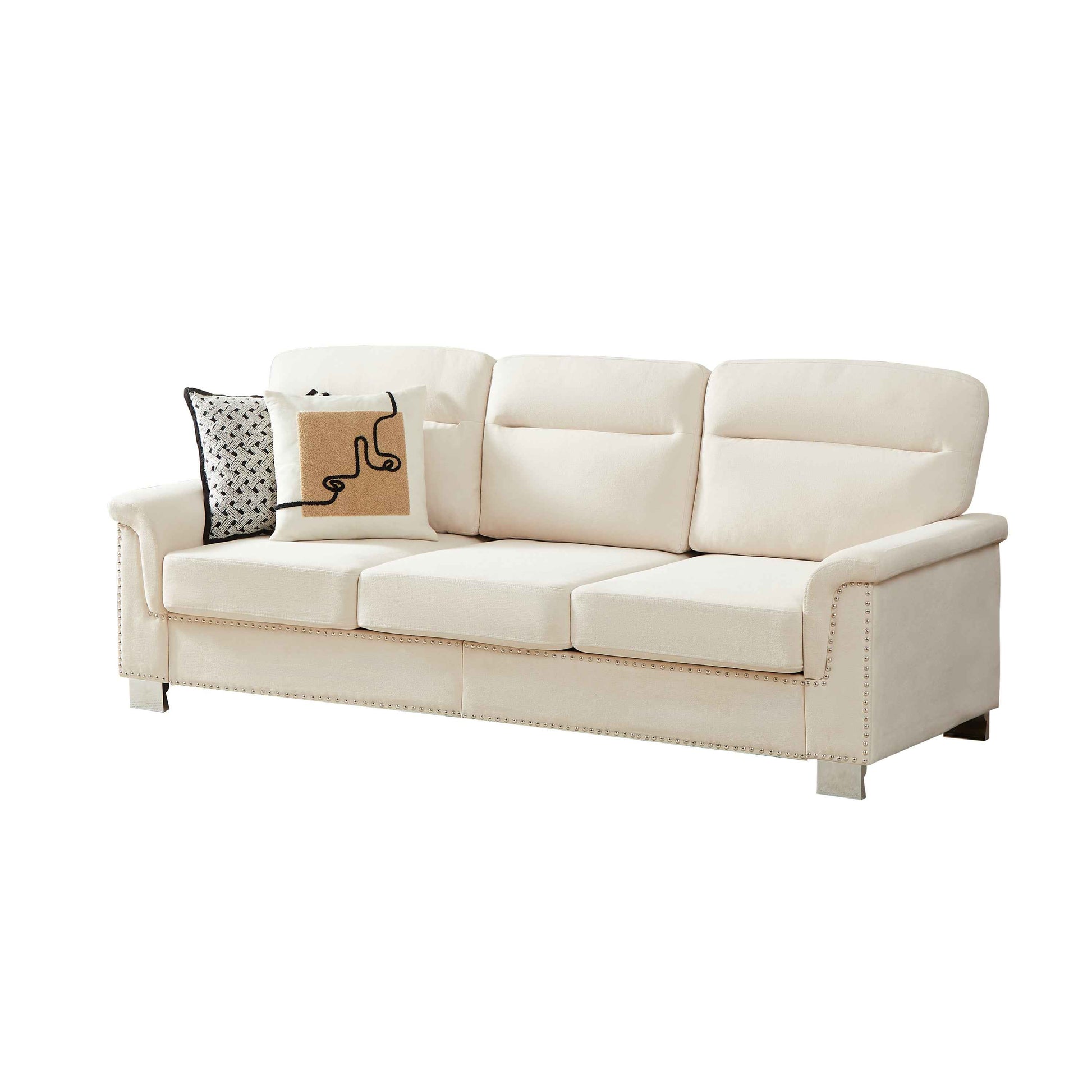 Modern Compressed Snowfleece Fabric 3-Seater Sofa in Beige, High-Density Foam Cushion with Solid Wood and Iron Frame, Ideal for Living Room, Bedroom, Office & Entertainment Spaces