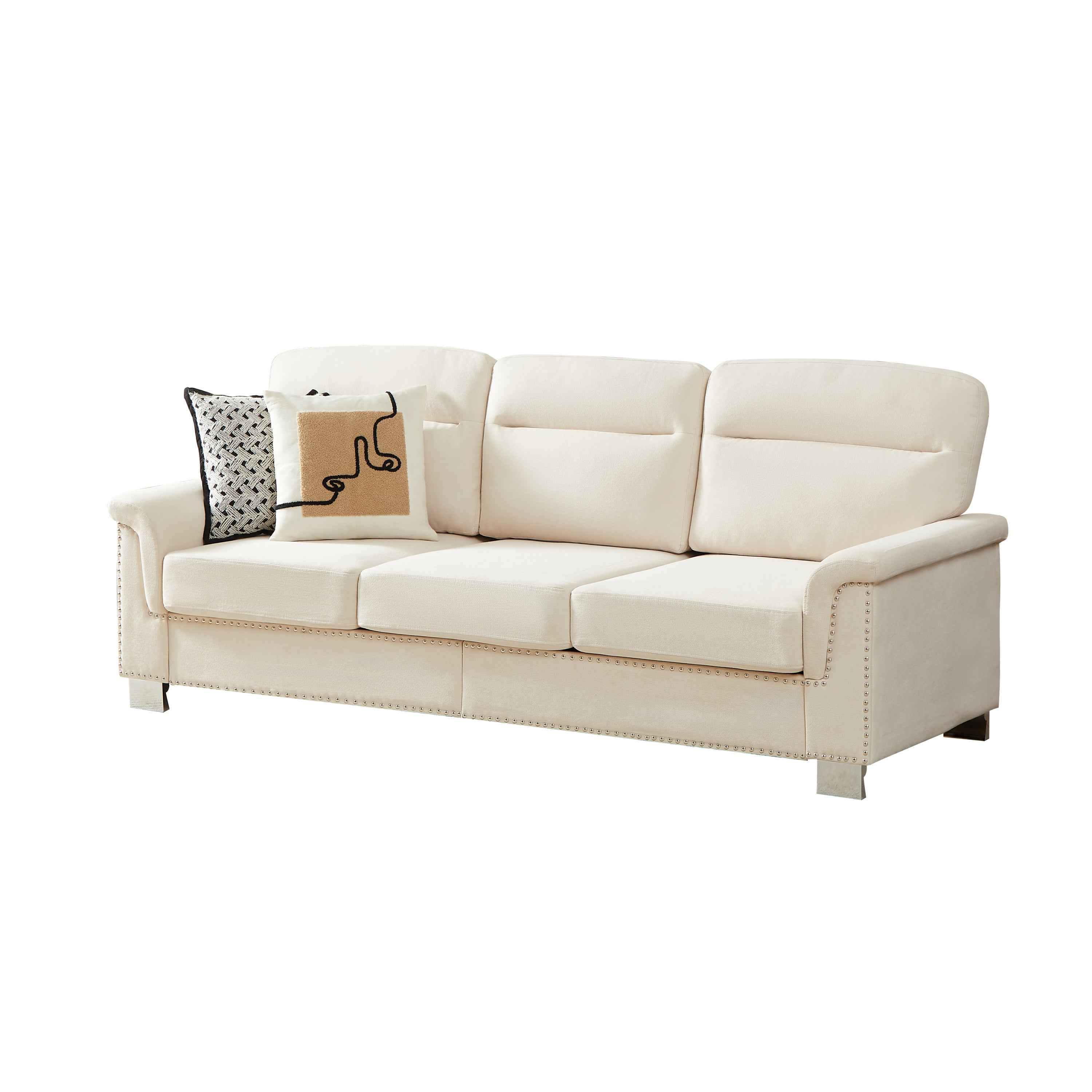 Modern Compressed Snowfleece Fabric 3-Seater Sofa in Beige, High-Density Foam Cushion with Solid Wood and Iron Frame, Ideal for Living Room, Bedroom, Office & Entertainment Spaces