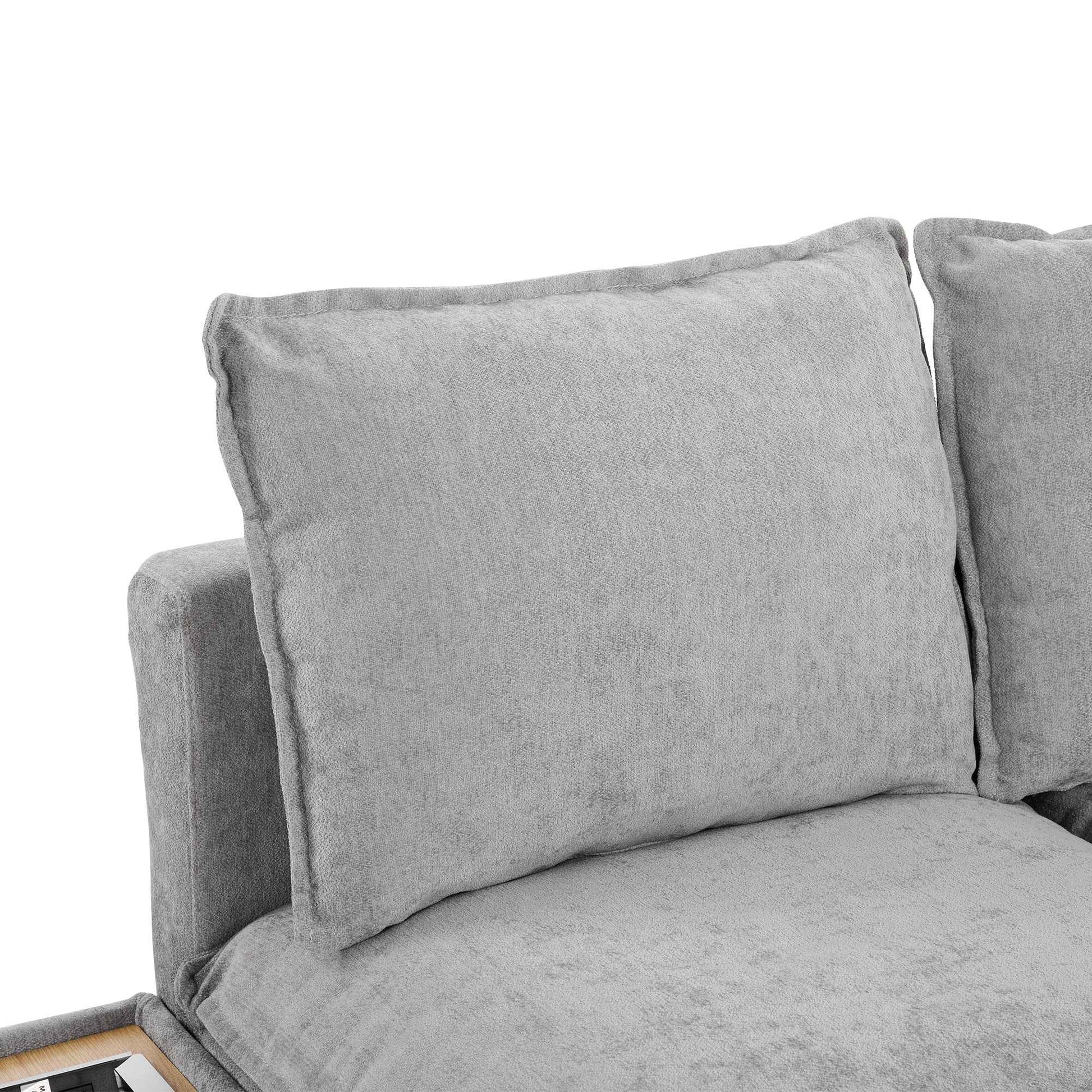 Modular 90' U-shaped Sectional Sofa with Movable Ottoman and Hidden Charging Coffee Table, Grey, Chenille