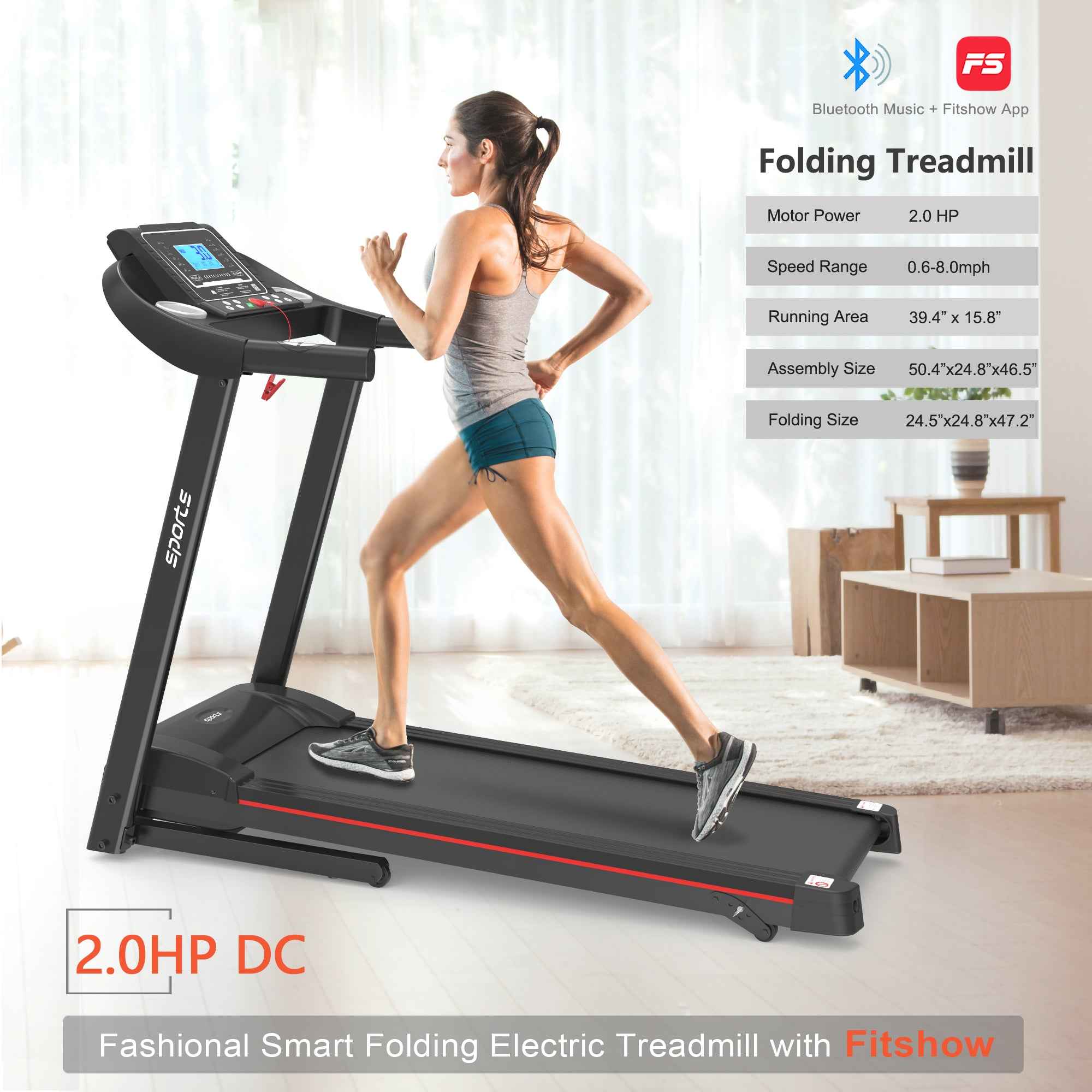 Fitshow App Home Foldable Treadmill with Incline, Folding Treadmill for Home Workout, Electric Walking Running Treadmill Machine 5' LCD Screen 250 LB Capacity Bluetooth Music