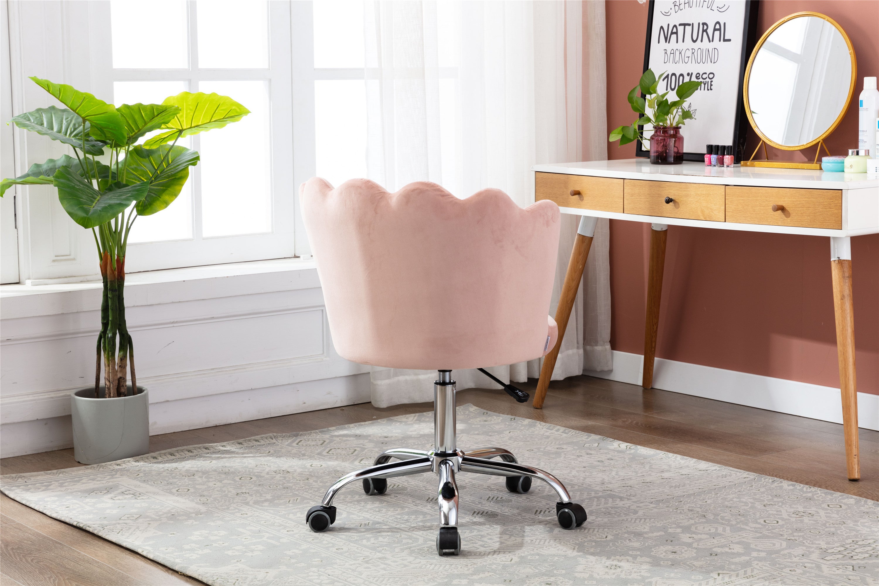 COOLMORE Velvet Home Office Chair with silver Base, Modern Cute Shell Back Upholstered Desk Chair for Vanity, Adjustable Swivel Task Chair for Office (Pink Velvet)