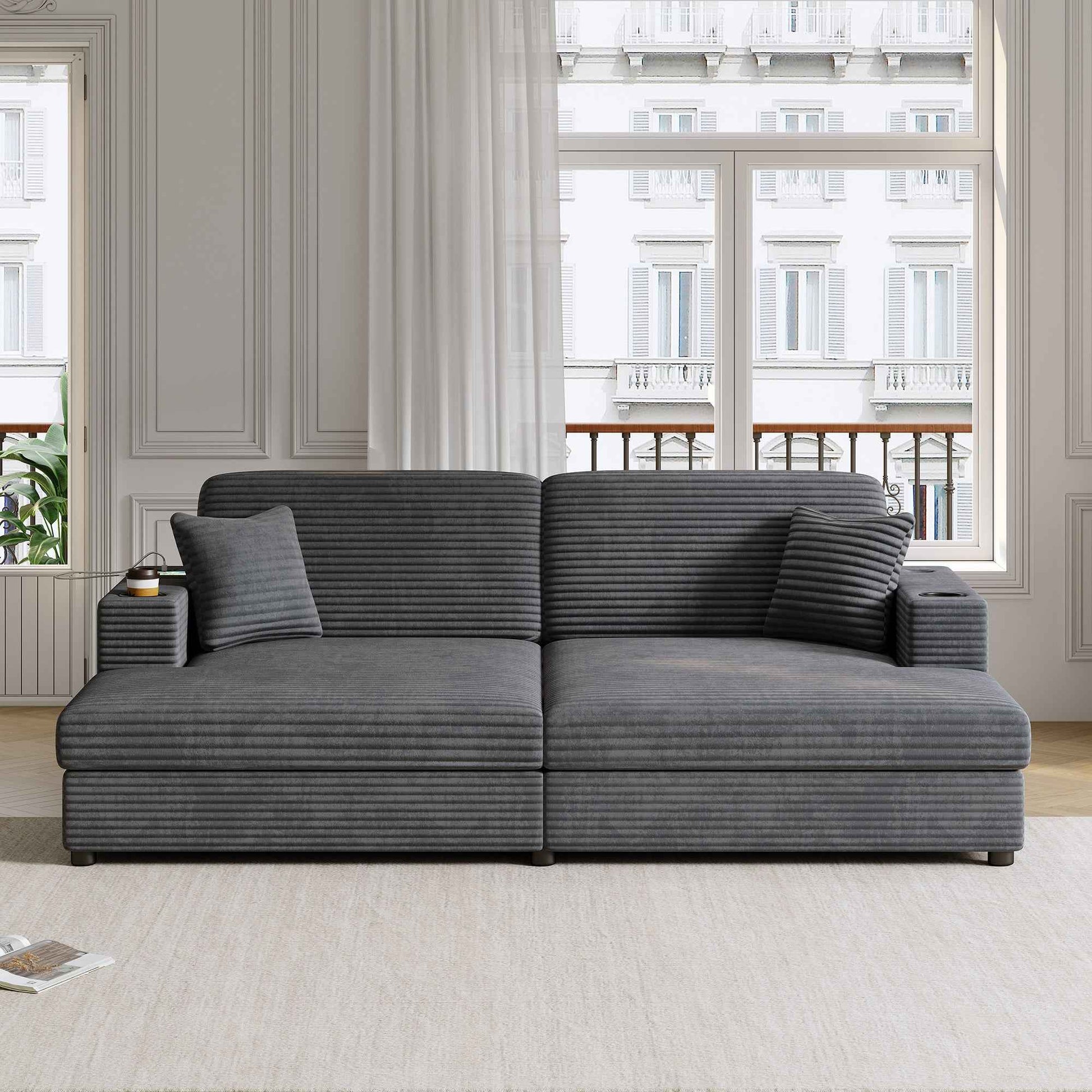 Oversized Loveseat Chaise Lounge Sectional Sofa Bed with USB Ports, Cup Holders, Throw Pillows, Dark Gray Corduroy, 86.5'